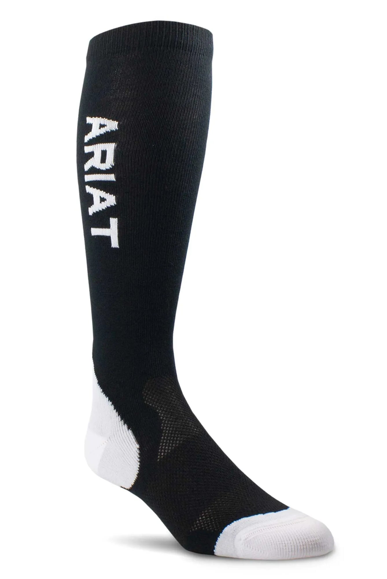 Black Ariat knee-high performance socks with white logo lettering, reinforced white heel and toe sections