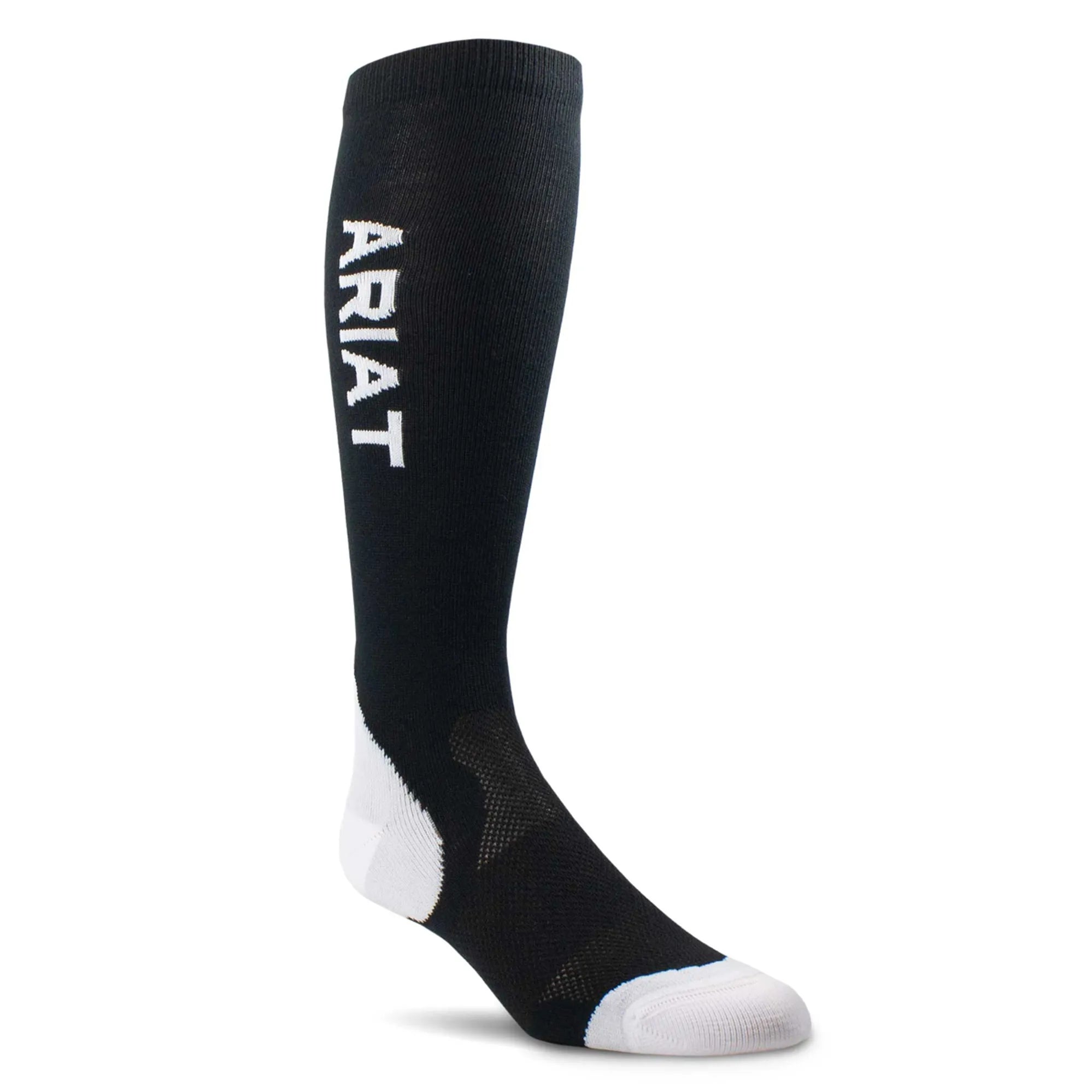 Black Ariat knee-high performance socks with white logo lettering, reinforced white heel and toe sections