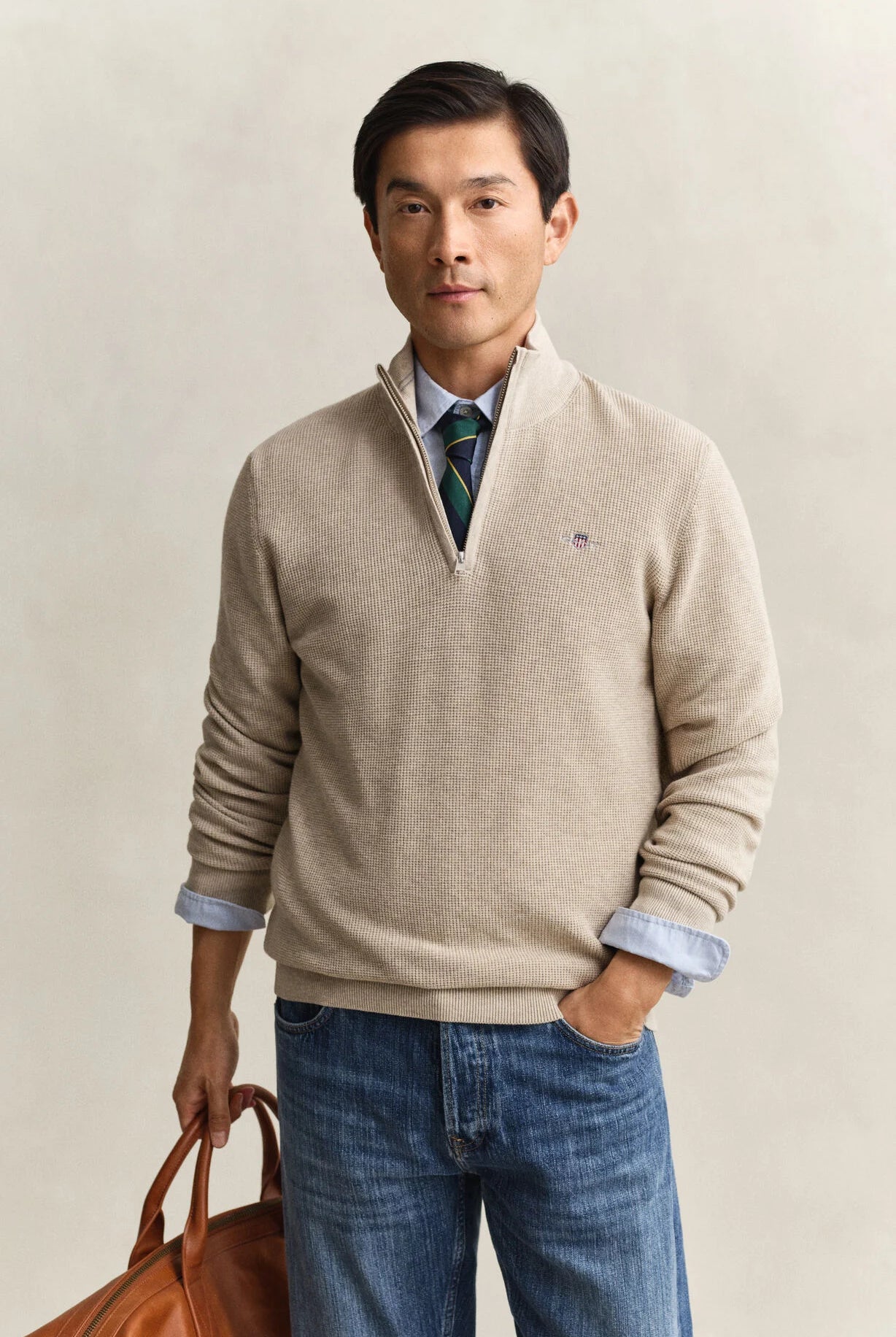 GANT Oat Melange Micro Textured Cotton Half Zip #Colour_Oat Melange