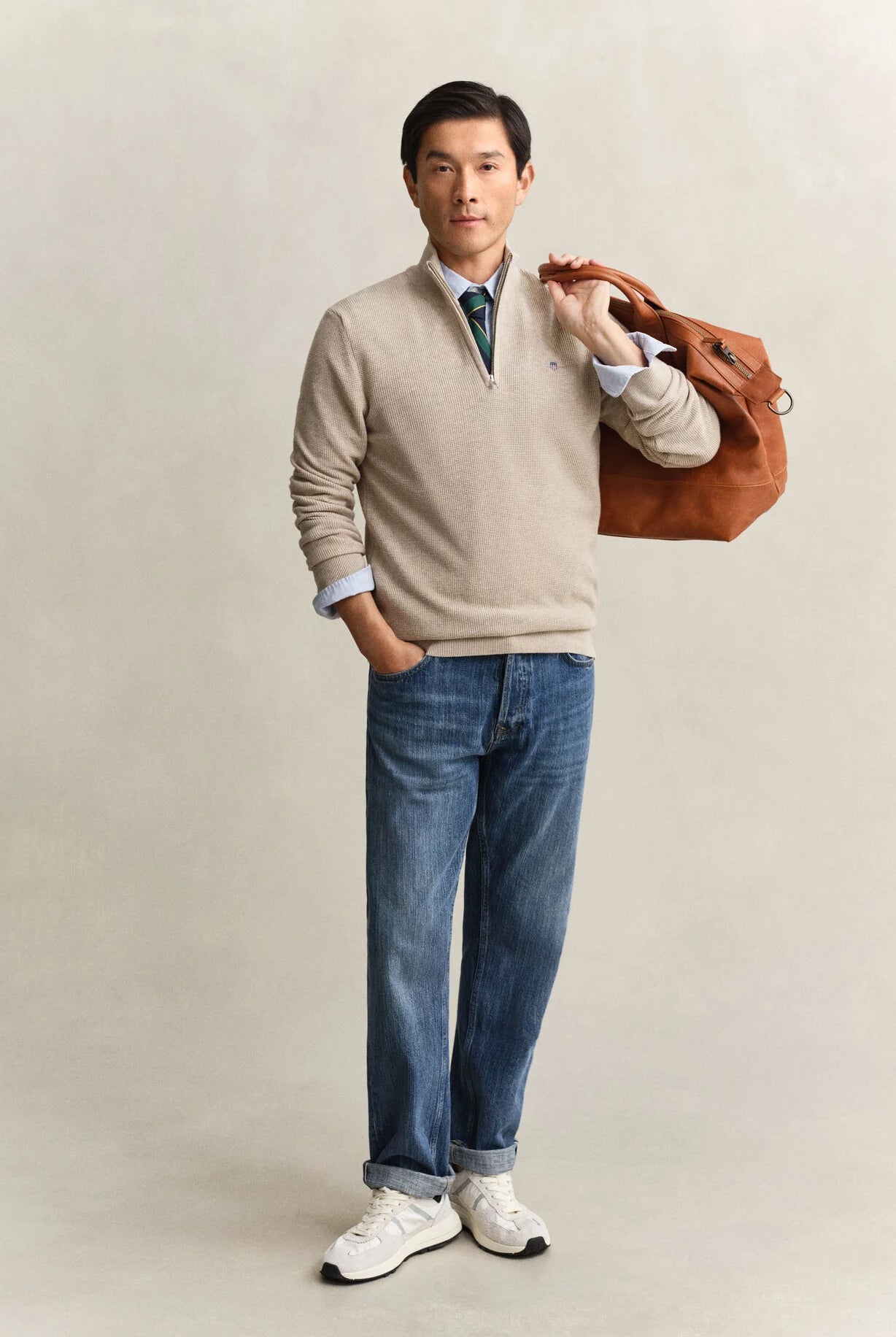 GANT Oat Melange Micro Textured Cotton Half Zip #Colour_Oat Melange