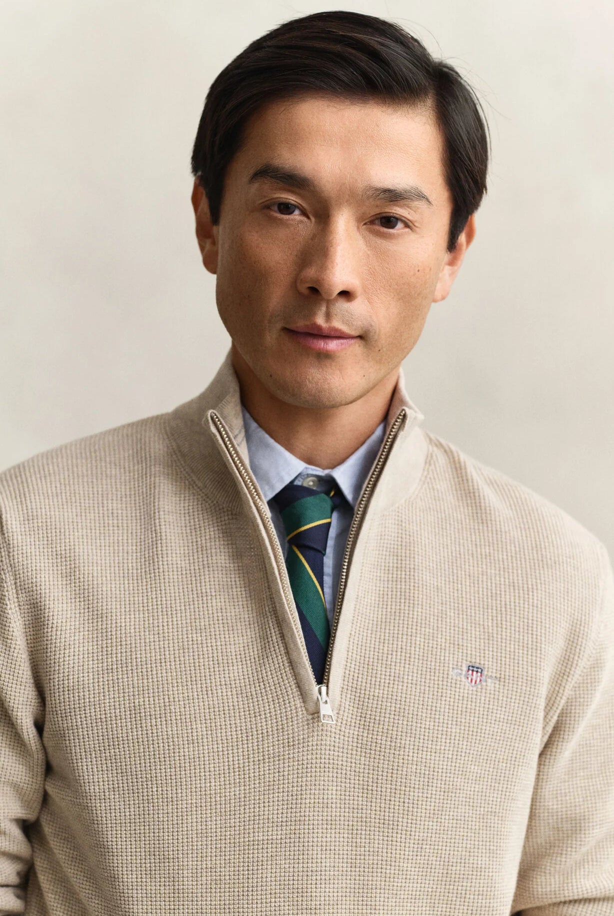 GANT Oat Melange Micro Textured Cotton Half Zip #Colour_Oat Melange