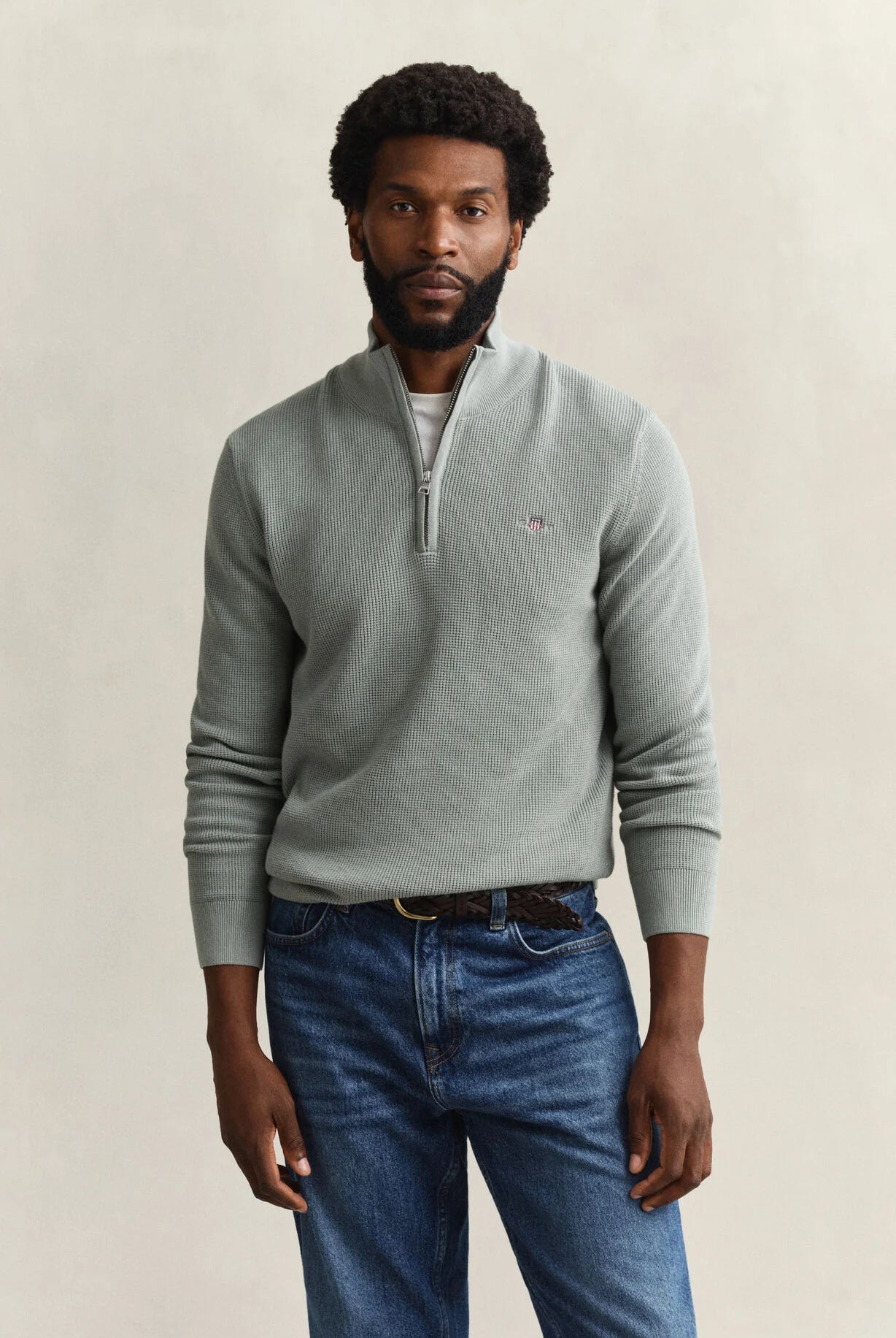 GANT Ceramic Grey Micro Textured Cotton Half Zip #Colour_Ceramic Grey