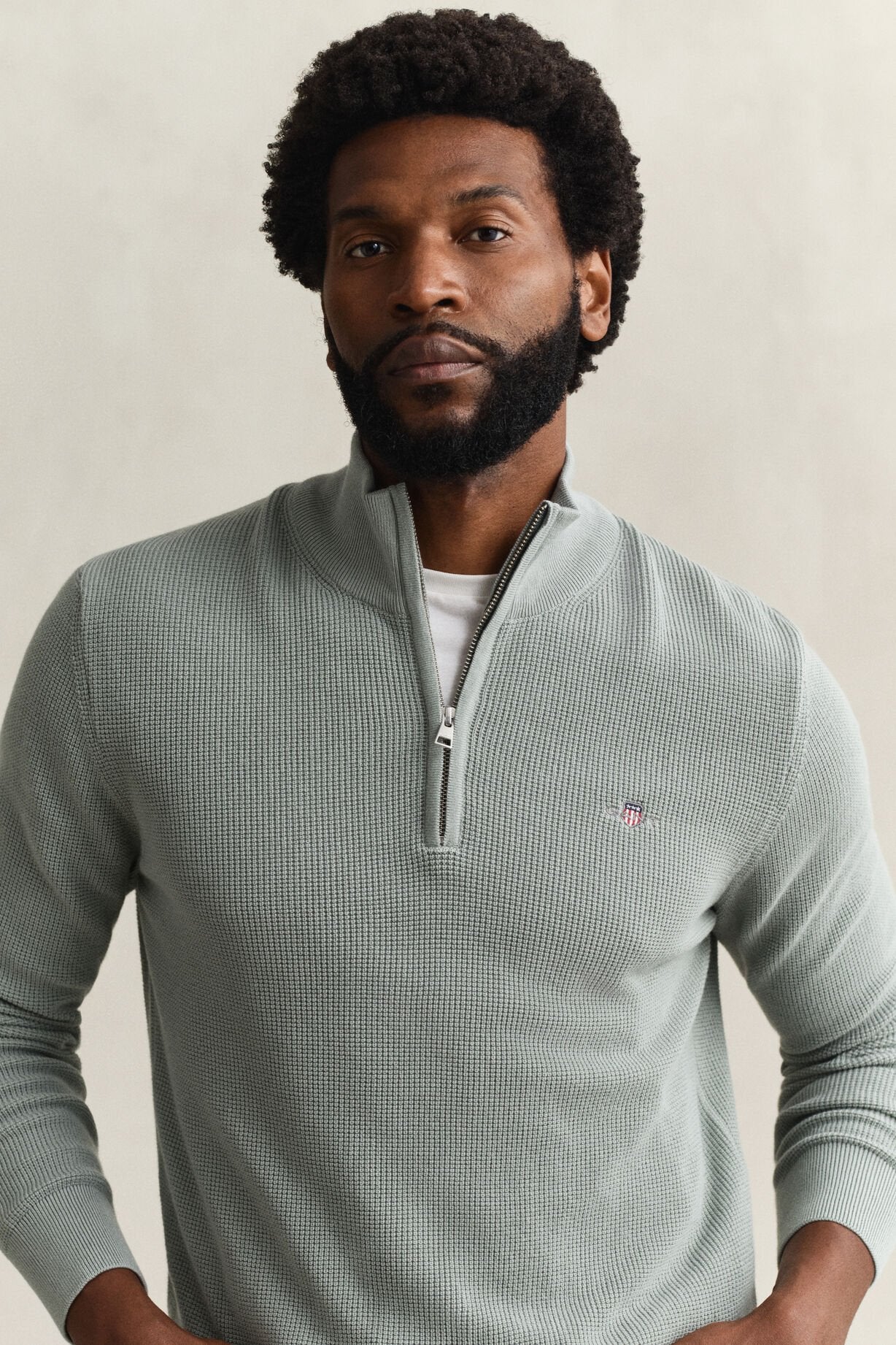 GANT Ceramic Grey Micro Textured Cotton Half Zip #Colour_Ceramic Grey