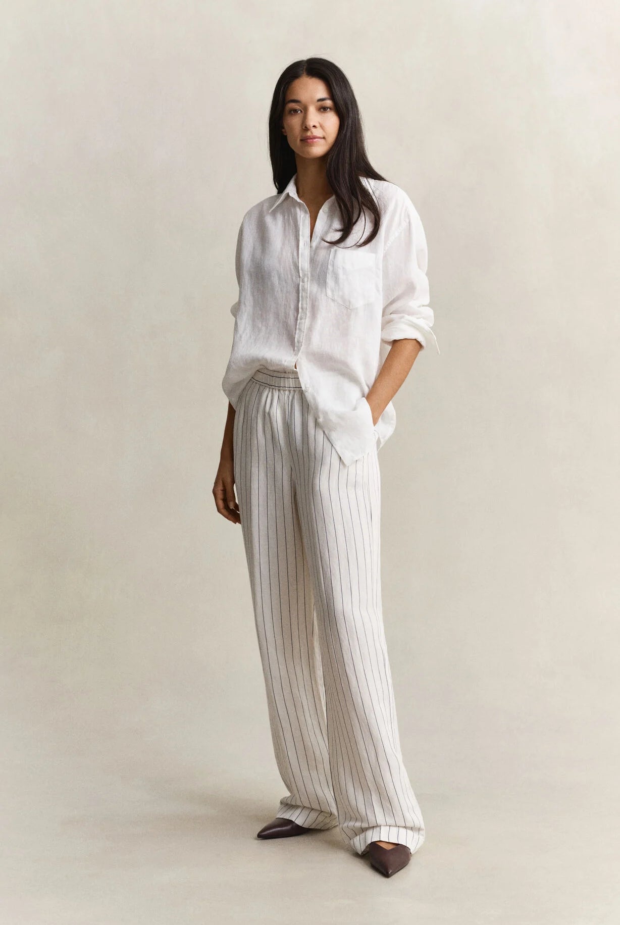 GANT Eggshell Striped Linen Blend Pull on Pants #Colour_Eggshell
