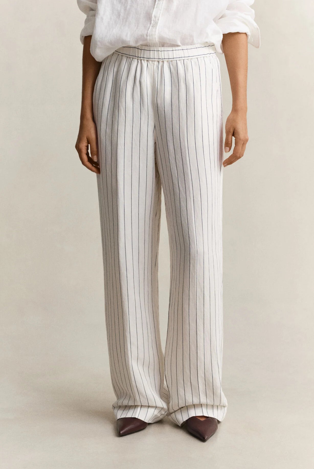 GANT Eggshell Striped Linen Blend Pull on Pants #Colour_Eggshell