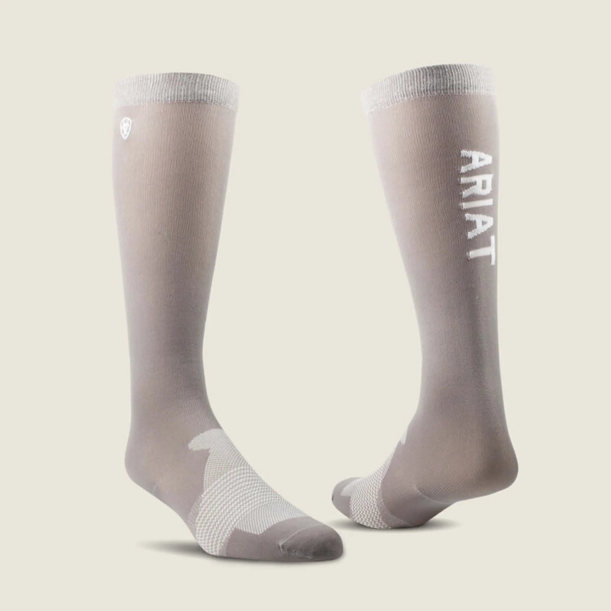 Ariat AriatTek Essential Socks in grey with white logo branding, reinforced heel and toe, shown as knee-high riding socks