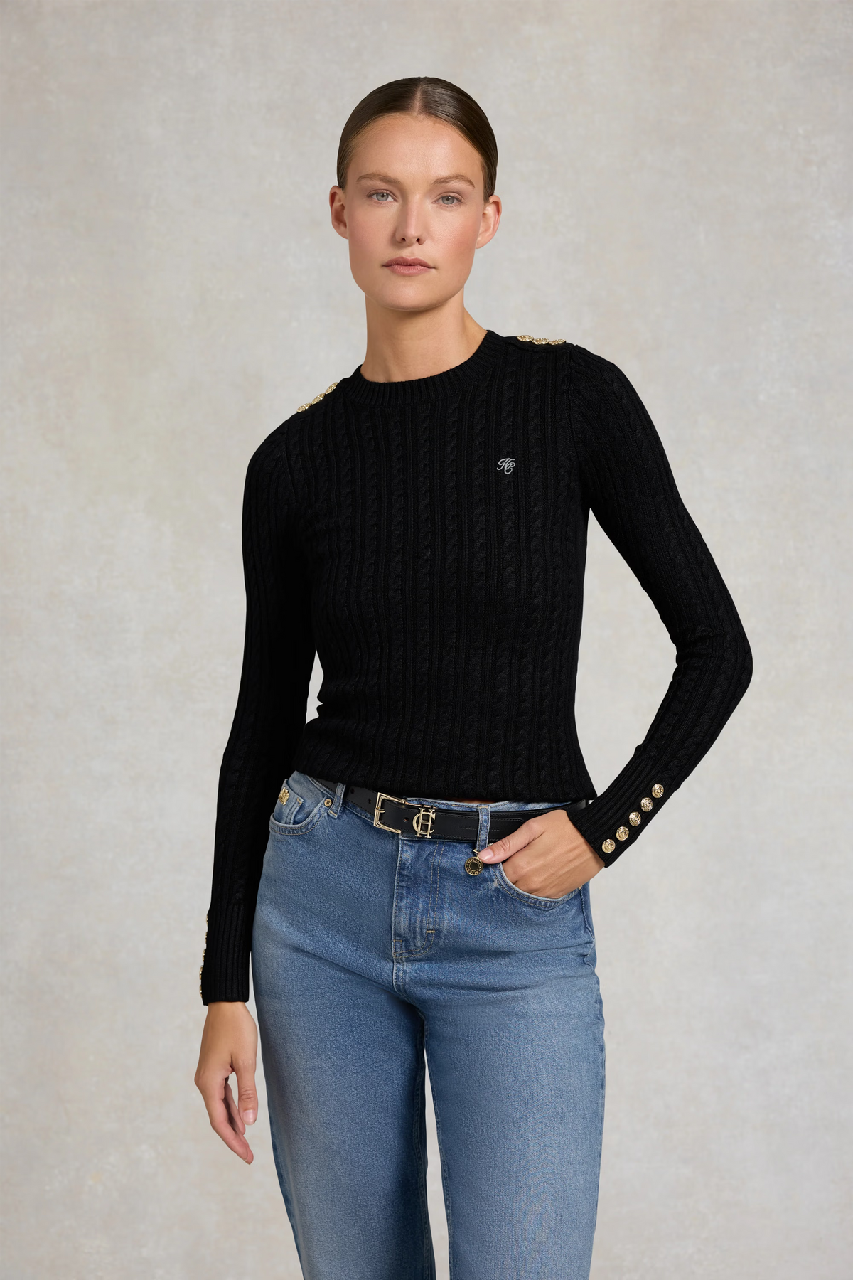Holland Cooper Seattle Cable Crew Knit #Colour_Black