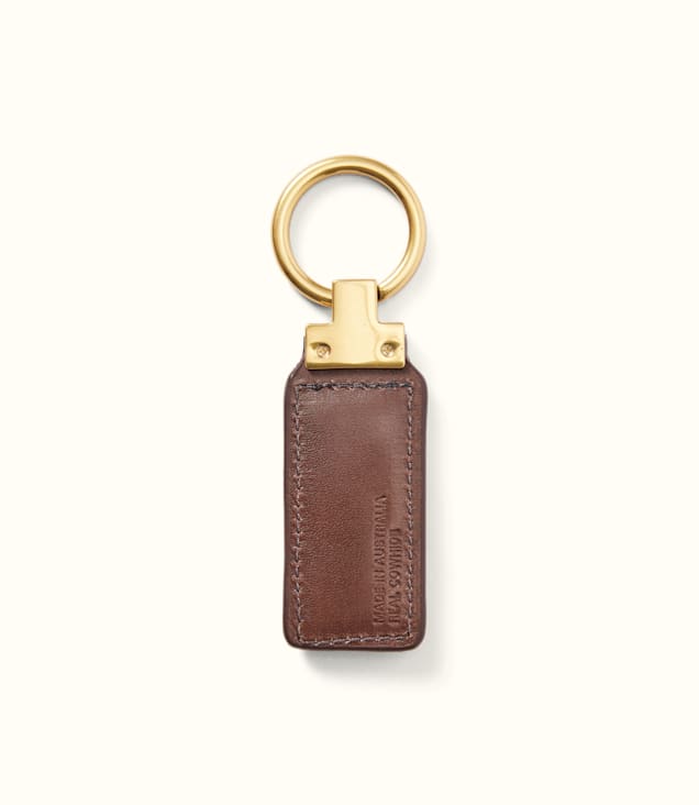 R.M. Williams Angaston Keyfob in brown leather with gold-tone metal ring and hardware, made in Australia