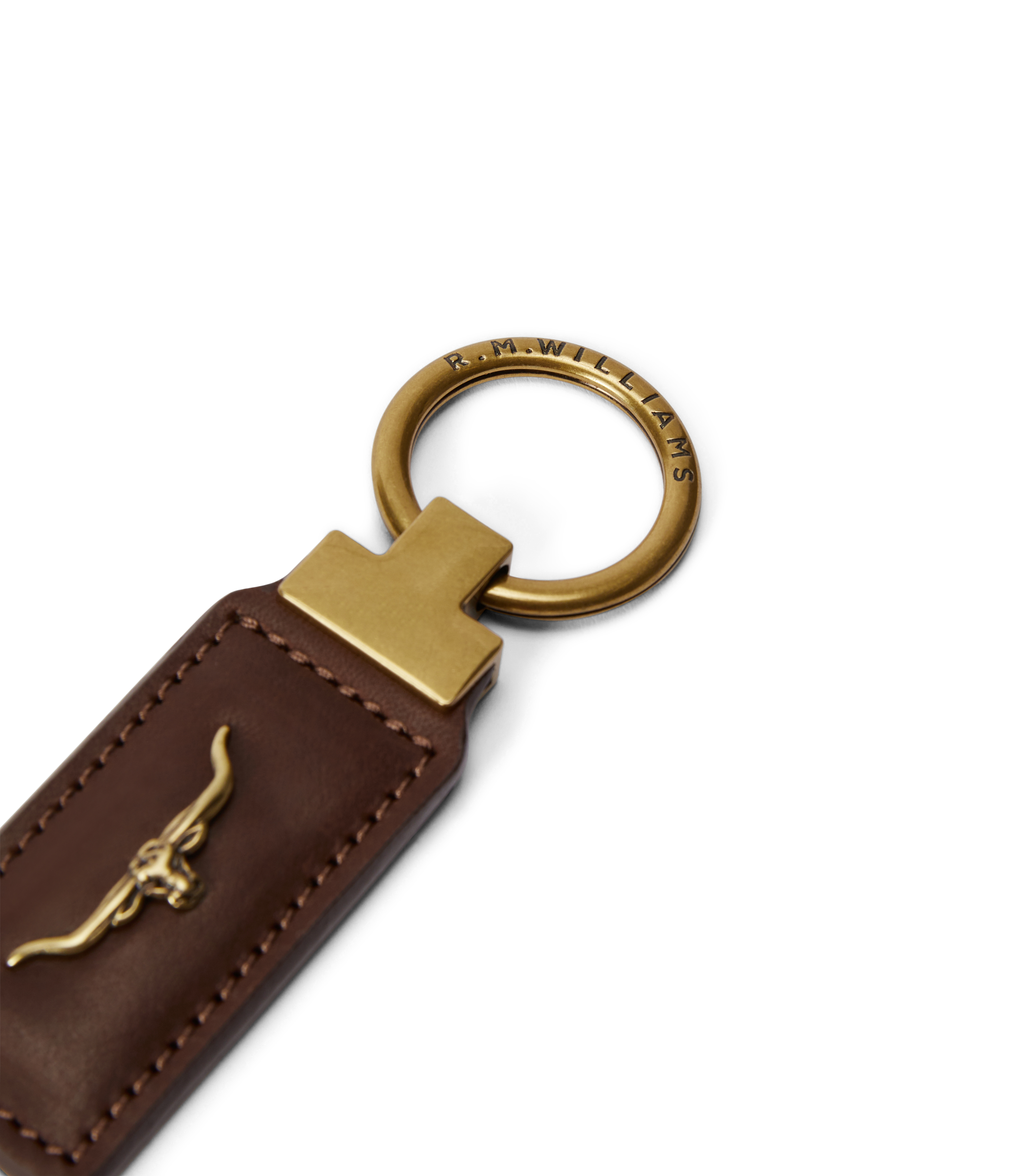 R.M. Williams Angaston Keyfob in brown leather with gold longhorn emblem and branded brass ring