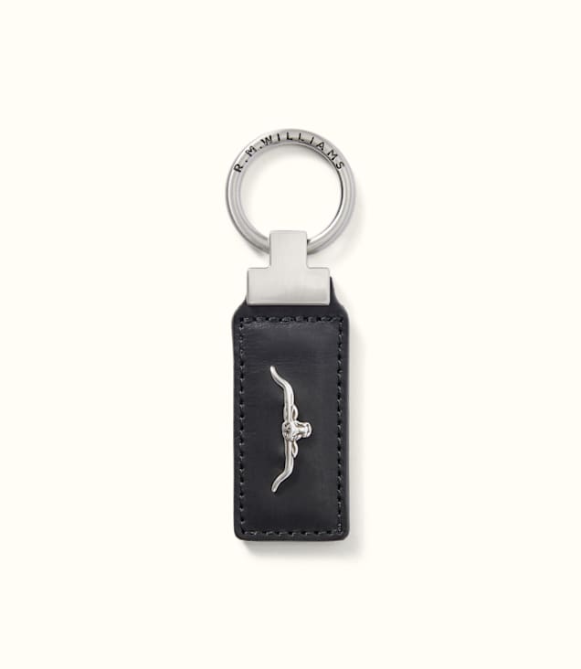 R.M. Williams Angaston Keyfob in black leather with silver longhorn emblem and branded metal ring