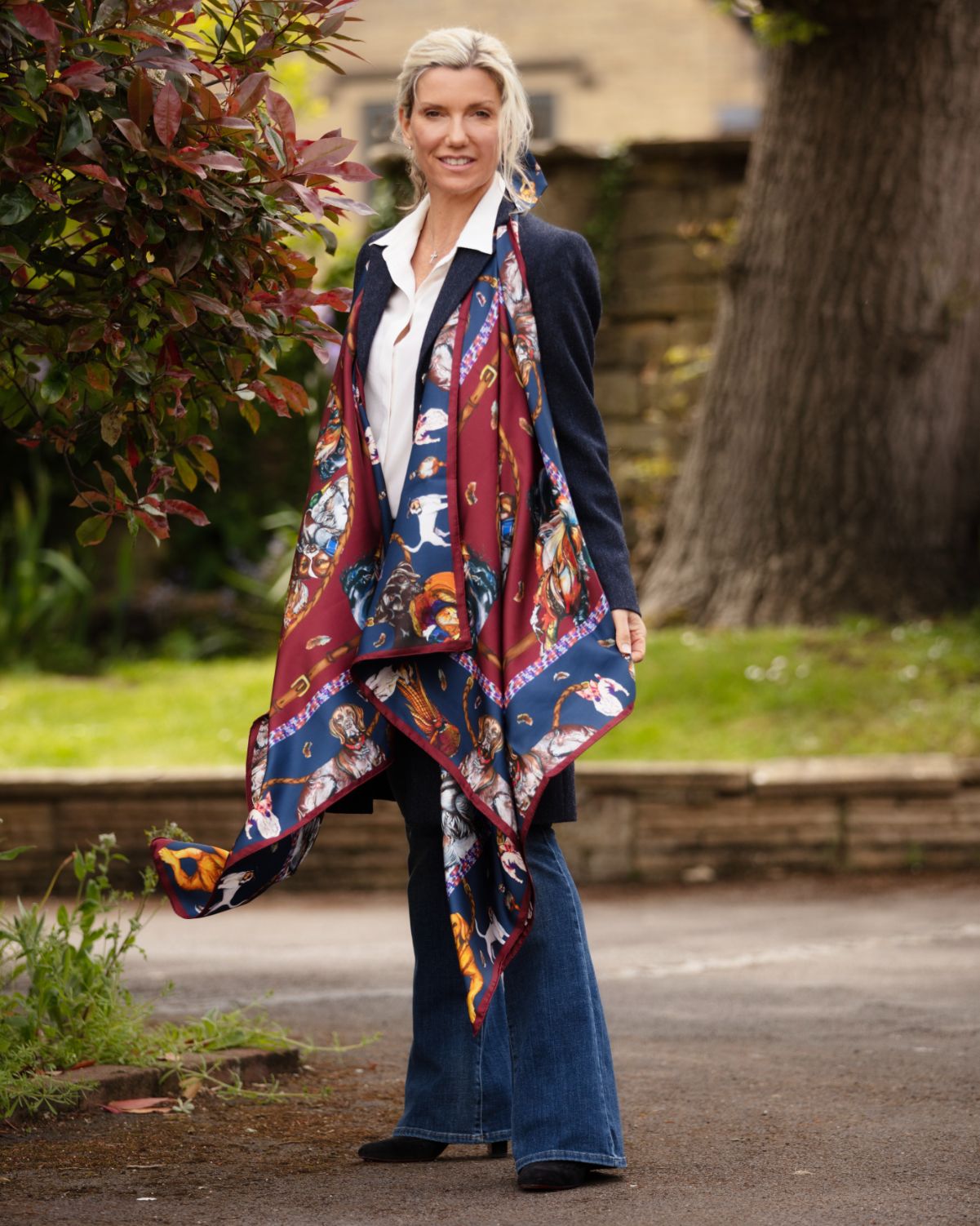 Clare Haggas Large Square Silk Scarf #Colour_Claret & Navy