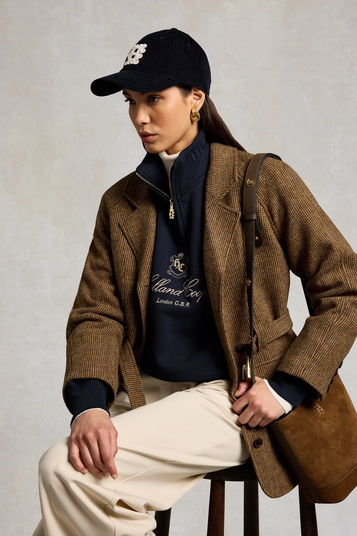 Holland Cooper Corduroy Heraldic Cap #Colour_Navy Ecru