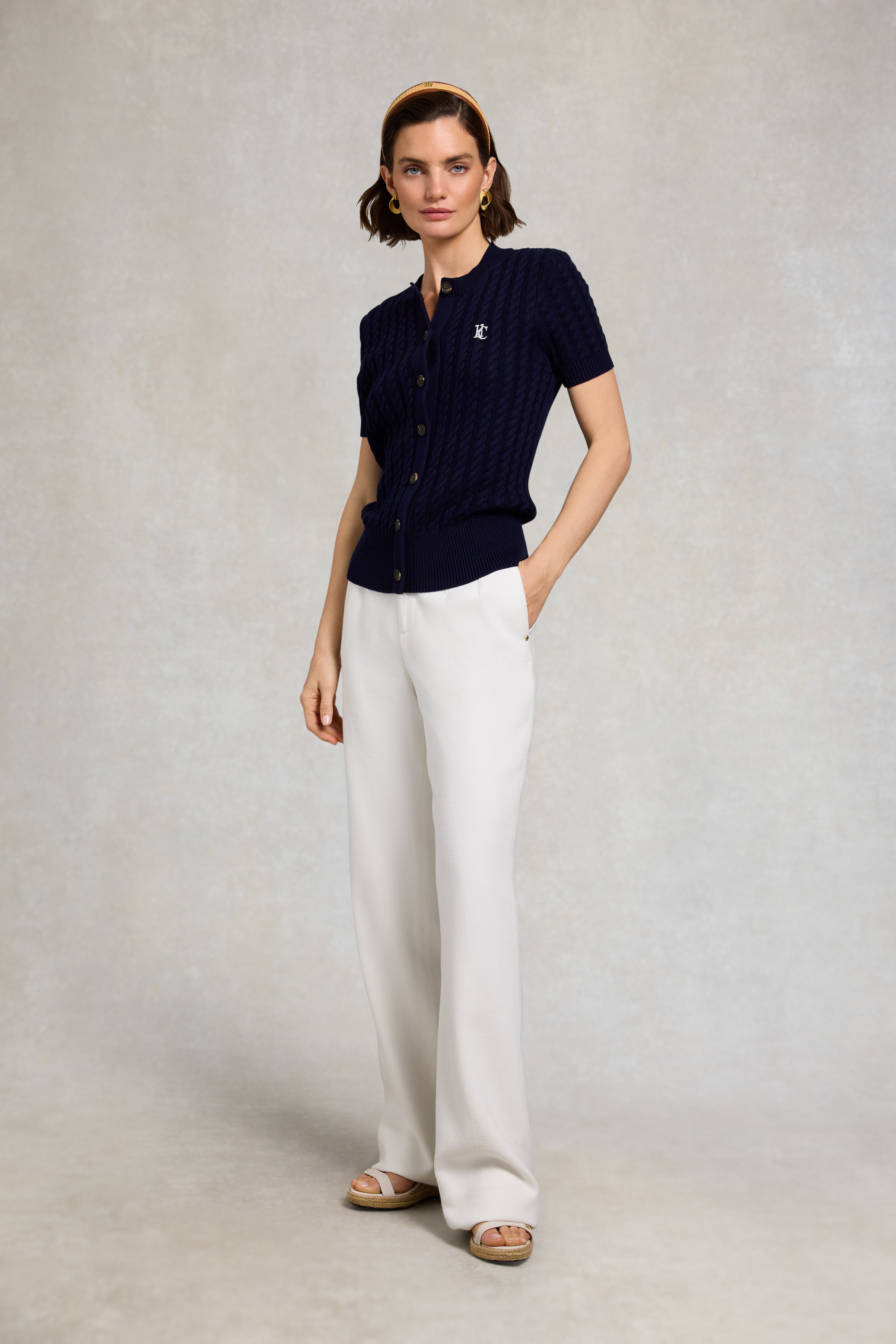 Holland Cooper Ink Navy Cotswold Short Sleeve Cardigan #Colour_Ink Navy