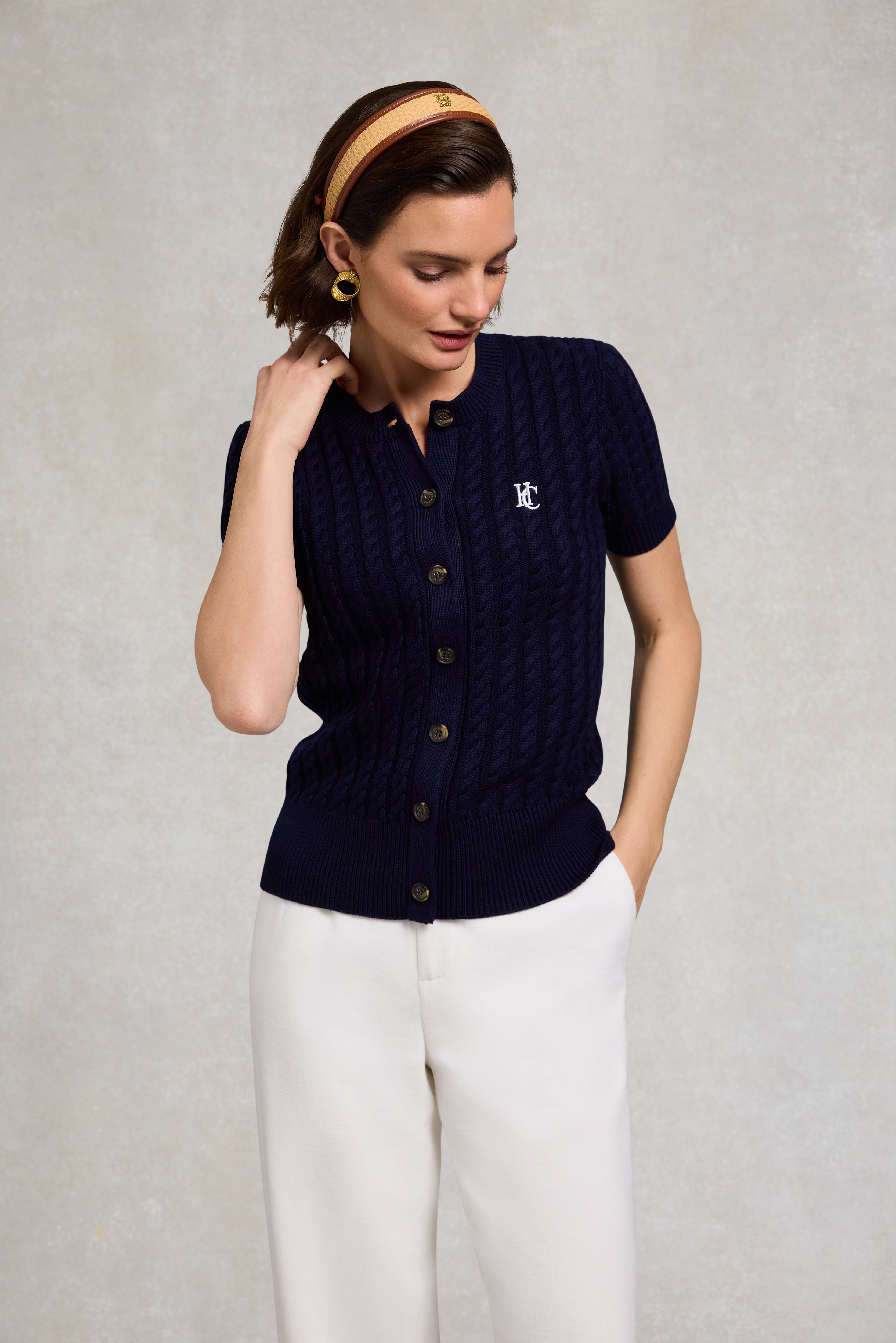 Holland Cooper Ink Navy Cotswold Short Sleeve Cardigan #Colour_Ink Navy