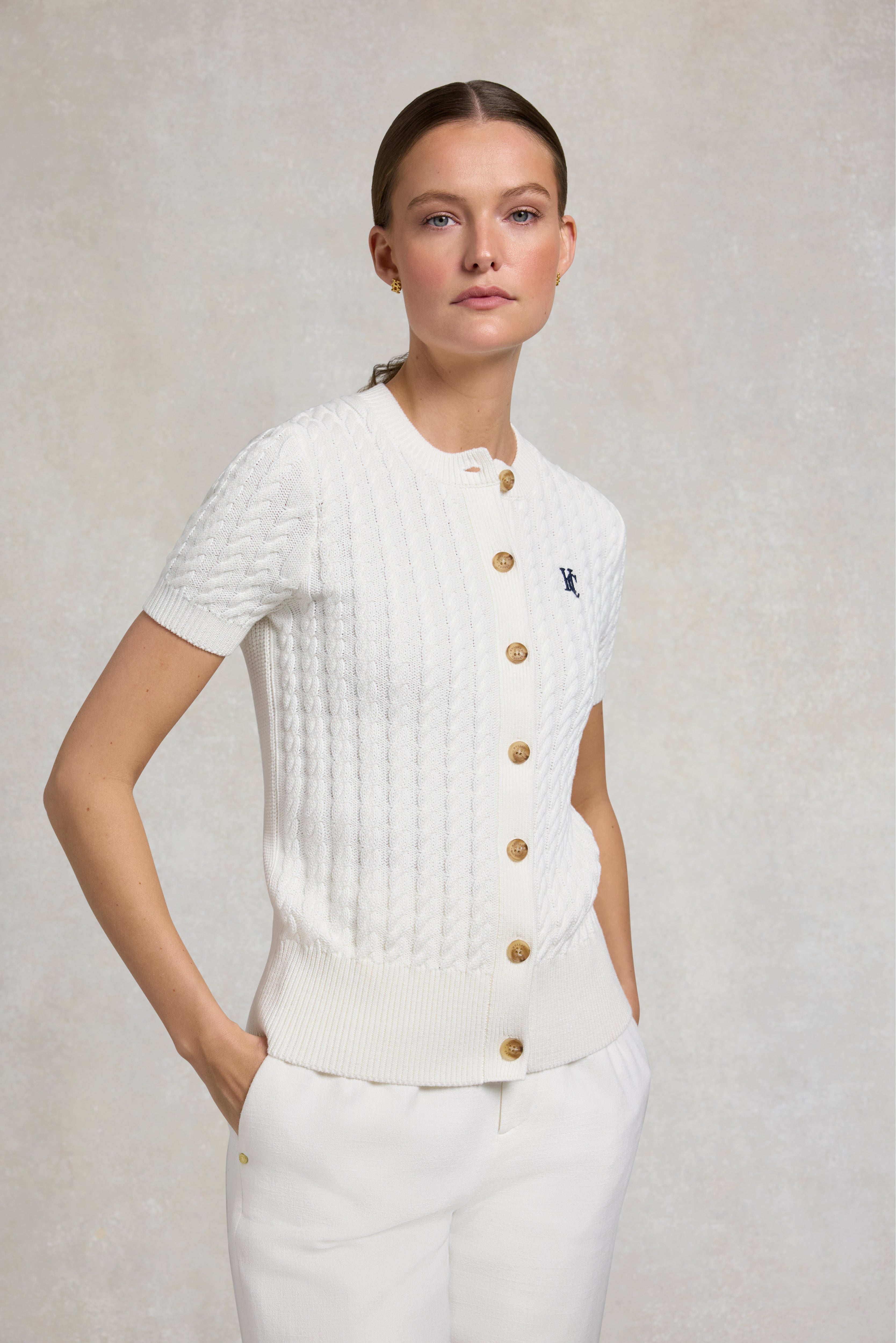 Holland Cooper Natural Cotswold Short Sleeve Cardigan #Colour_Natural