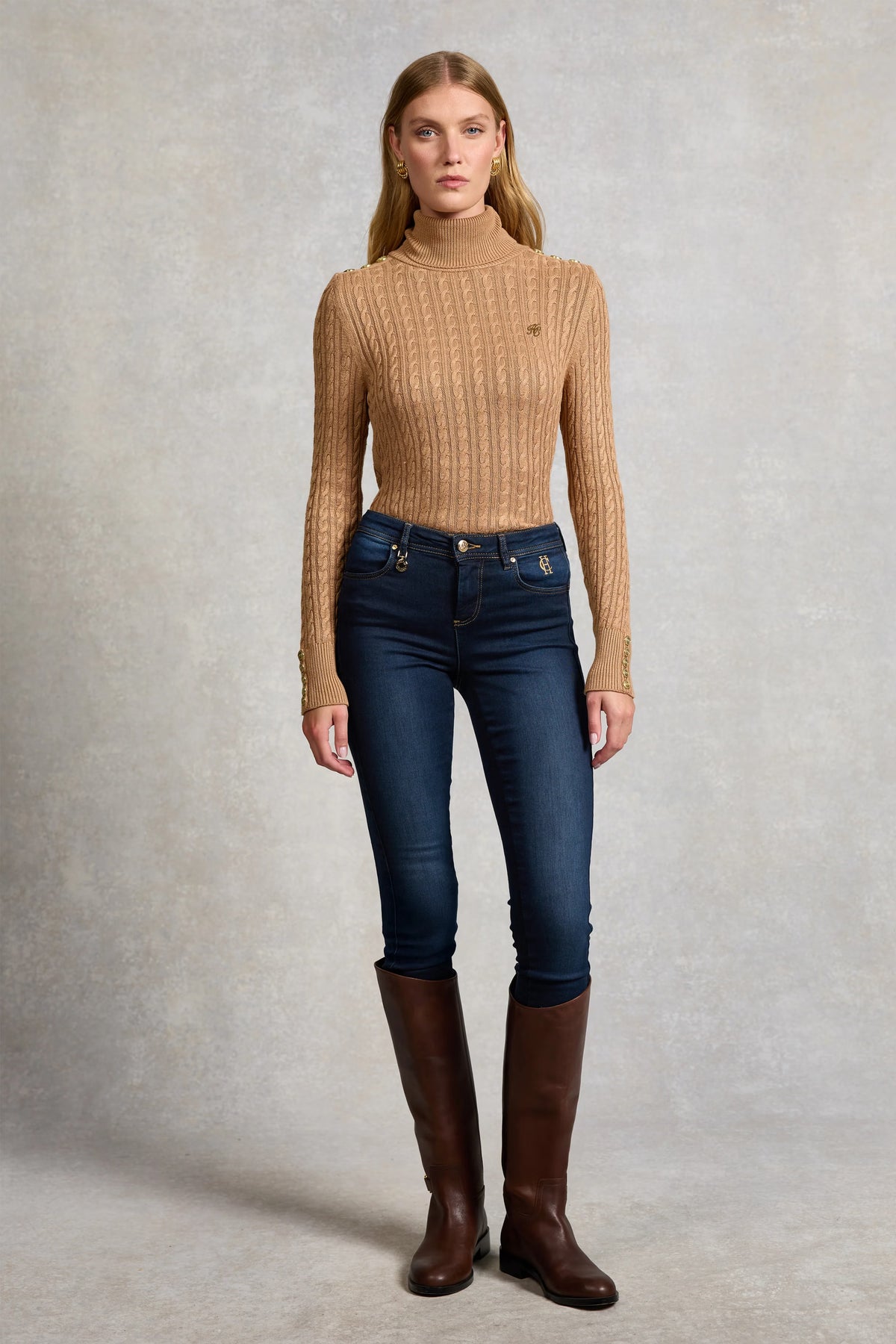 Holland Cooper Seattle Roll Neck Cable Knit #Colour_Dark Camel Marl