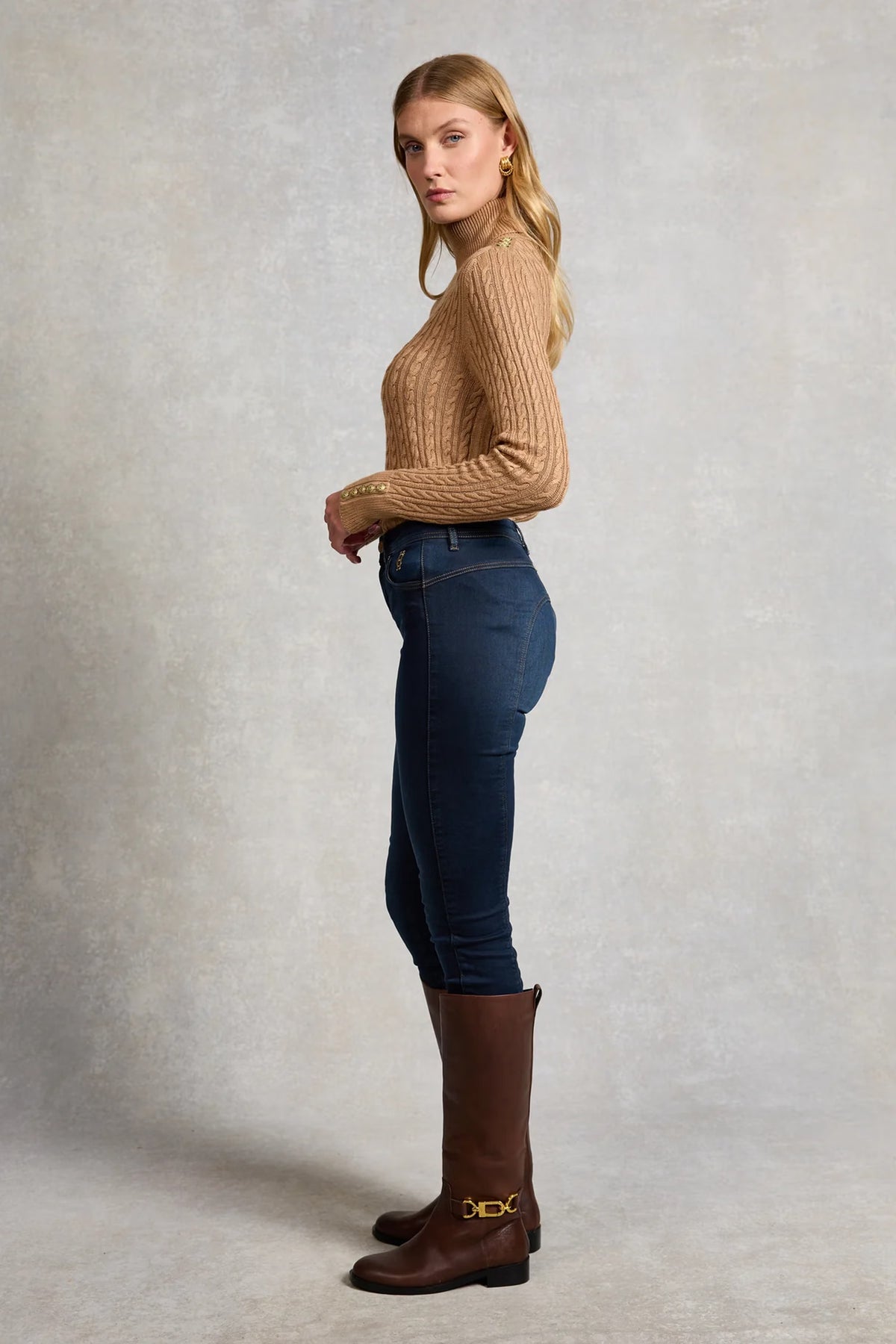 Holland Cooper Seattle Roll Neck Cable Knit #Colour_Dark Camel Marl