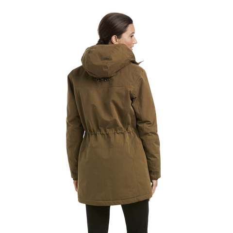Woman modeling back view of Ariat Argentium Parka in olive green with hood, cinched waist, and mid-thigh length