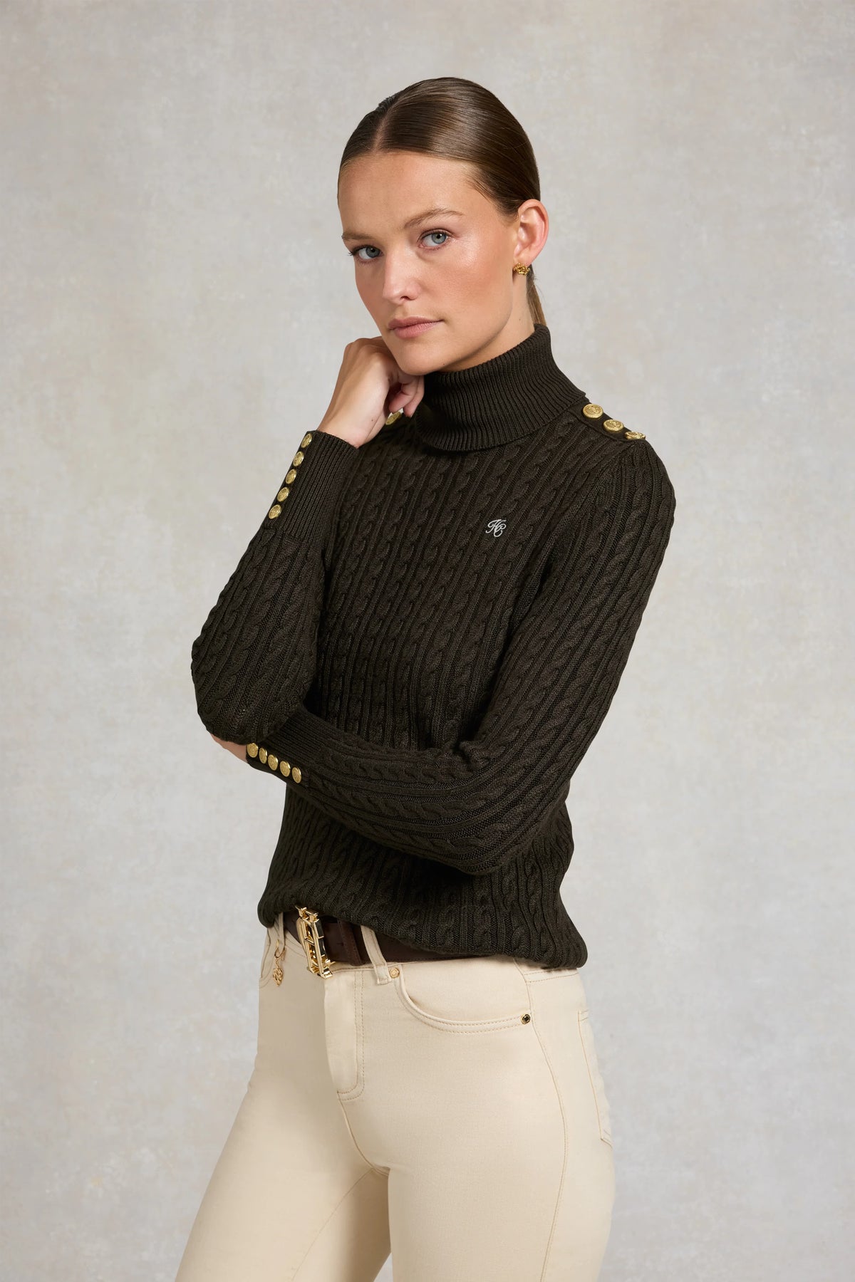 Holland Cooper Seattle Roll Neck Cable Knit #Colour_Fern Green