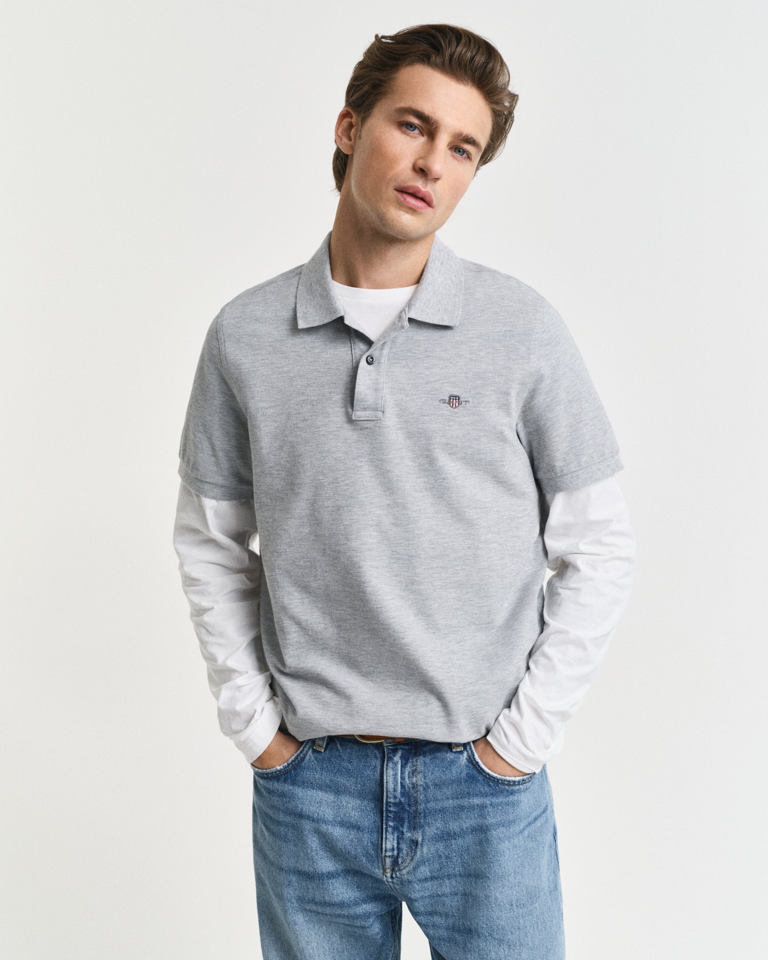 GANT Regular Fit Shield Short Sleeve Pique Polo #Colour_Grey Melange
