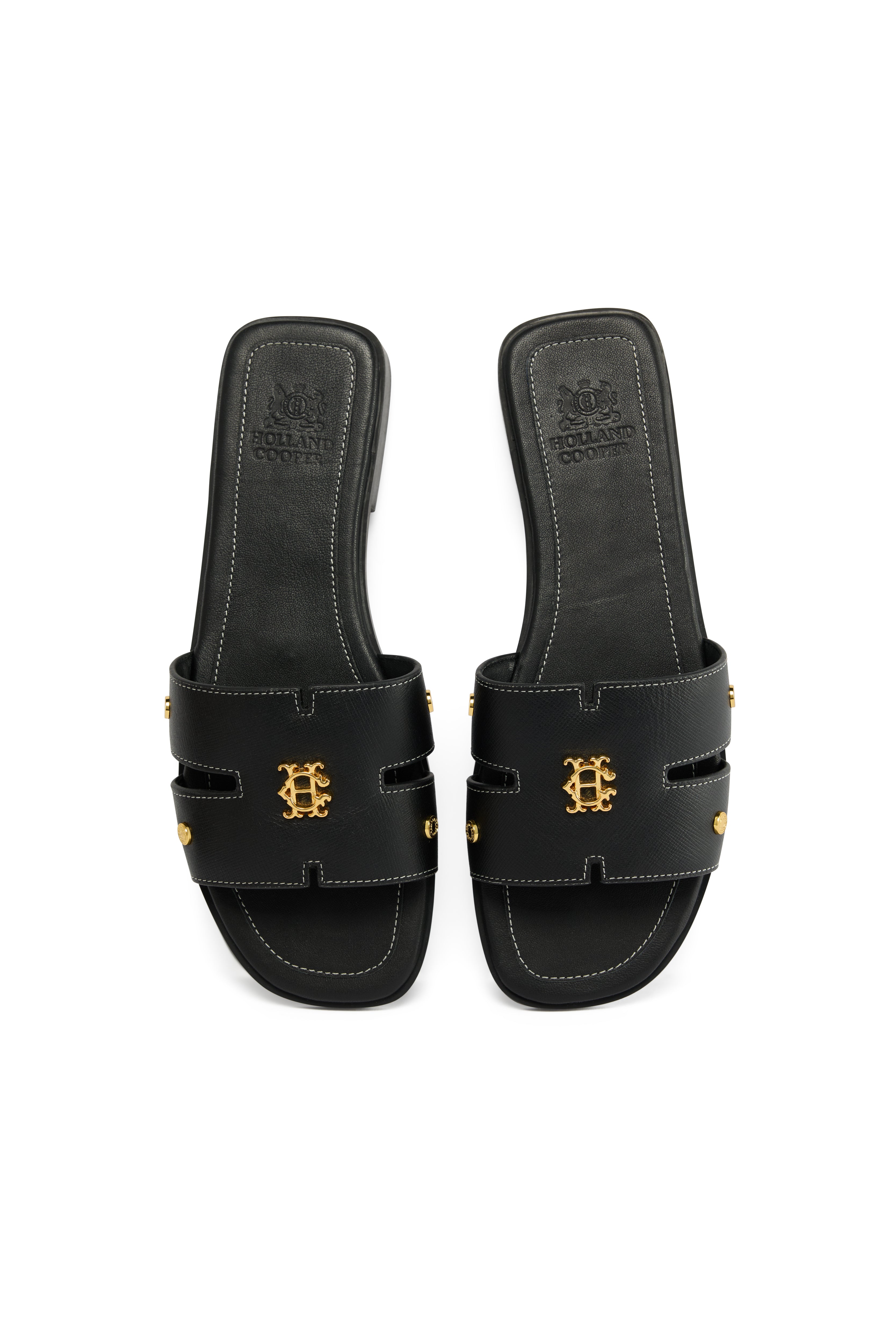 Holland Cooper Black Saffiano Heraldic Monogram Slides #Colour_Black Saffiano