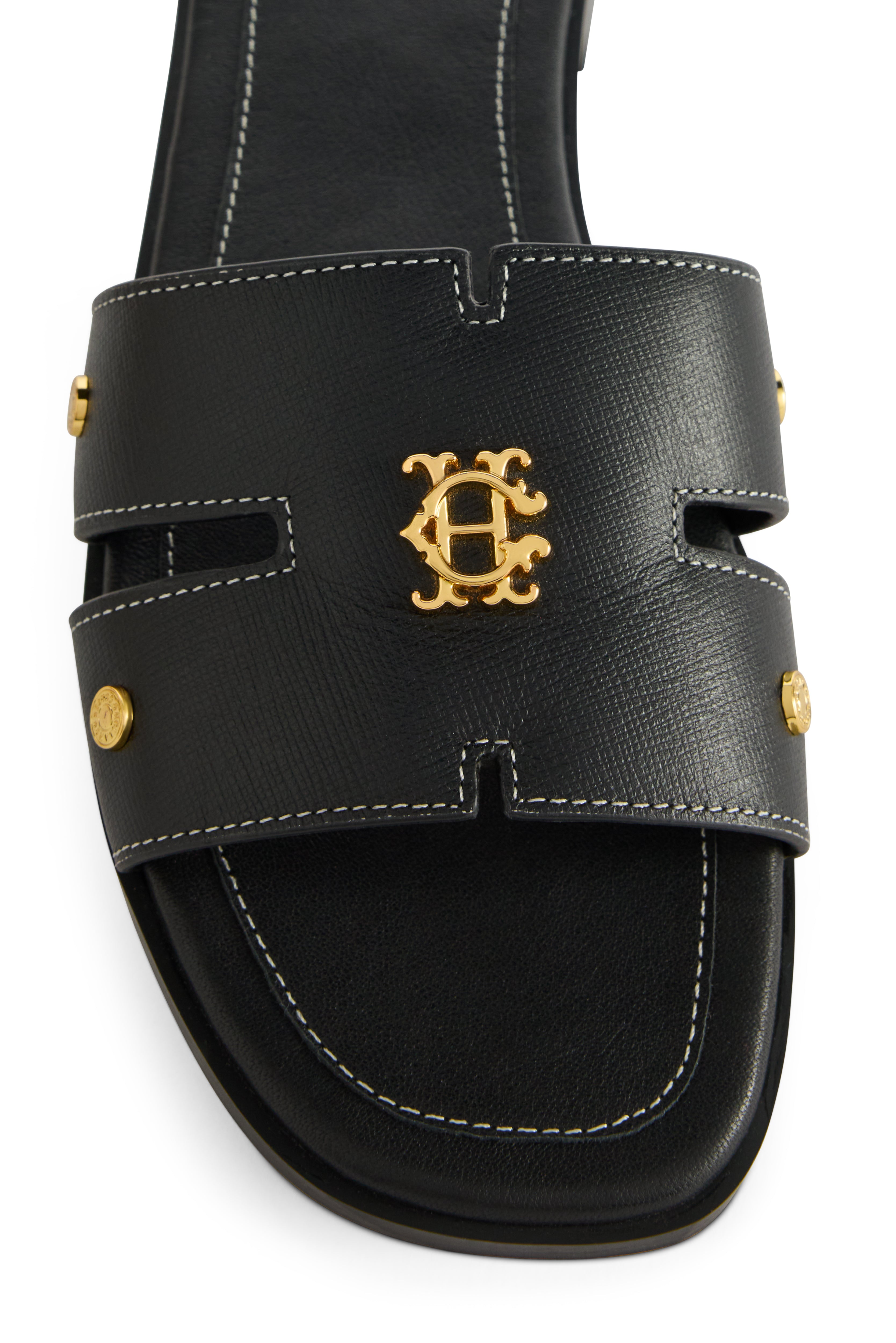 Holland Cooper Black Saffiano Heraldic Monogram Slides #Colour_Black Saffiano