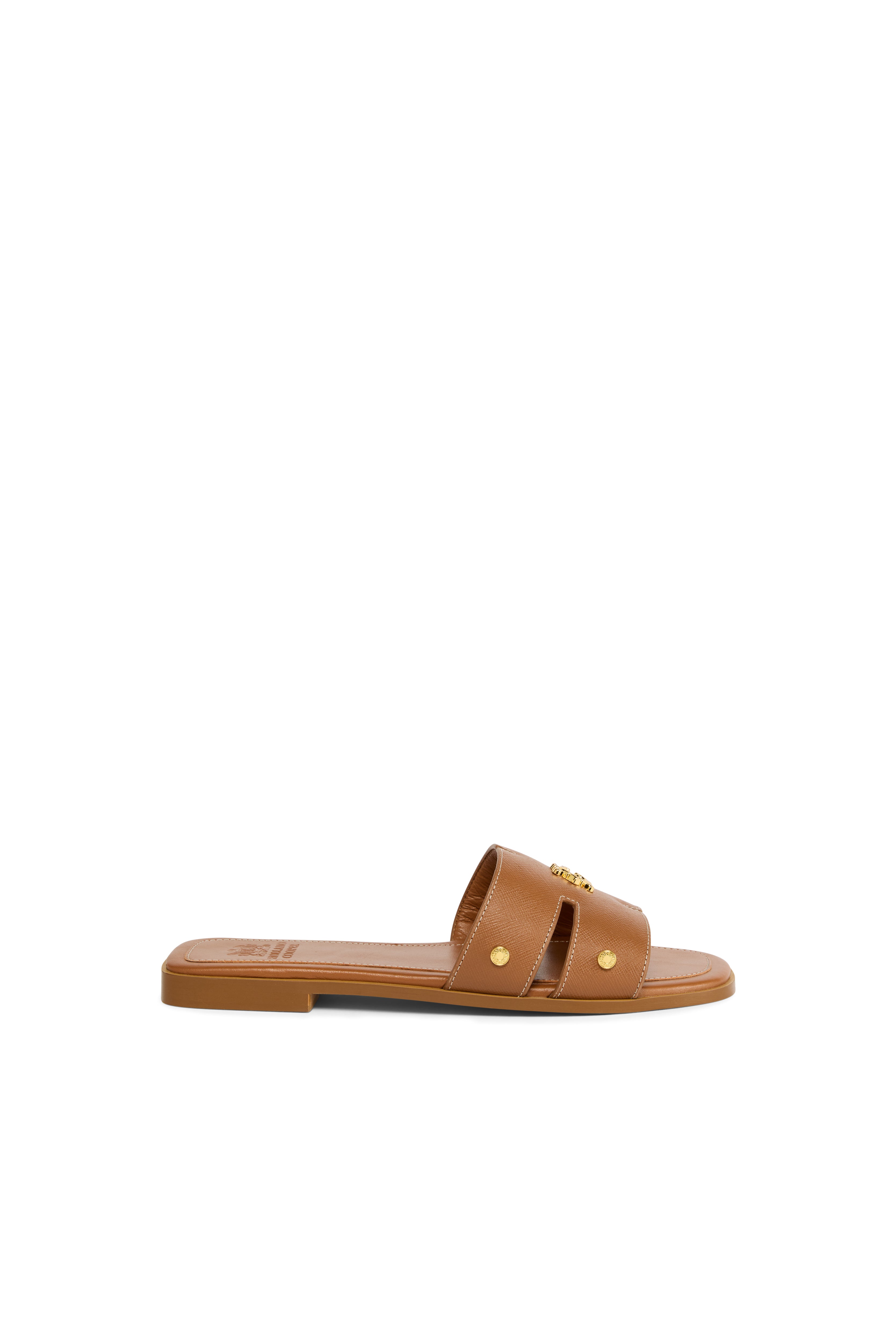 Holland Cooper Tan Saffiano Heraldic Monogram Slides #Colour_Tan Saffiano
