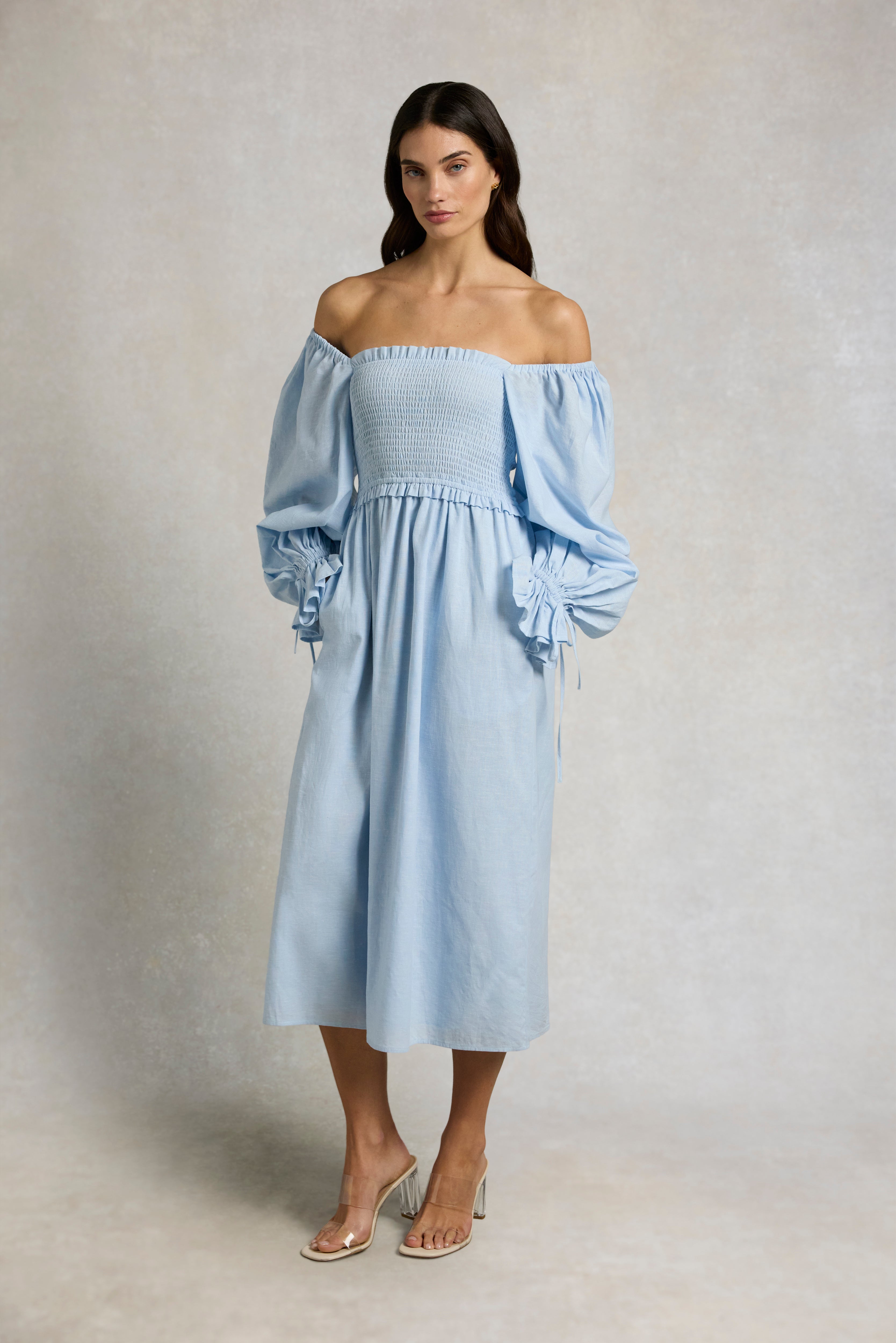 Holland Cooper Pale Blue Chambray Smock Dress #Colour_Pale Blue Chambray