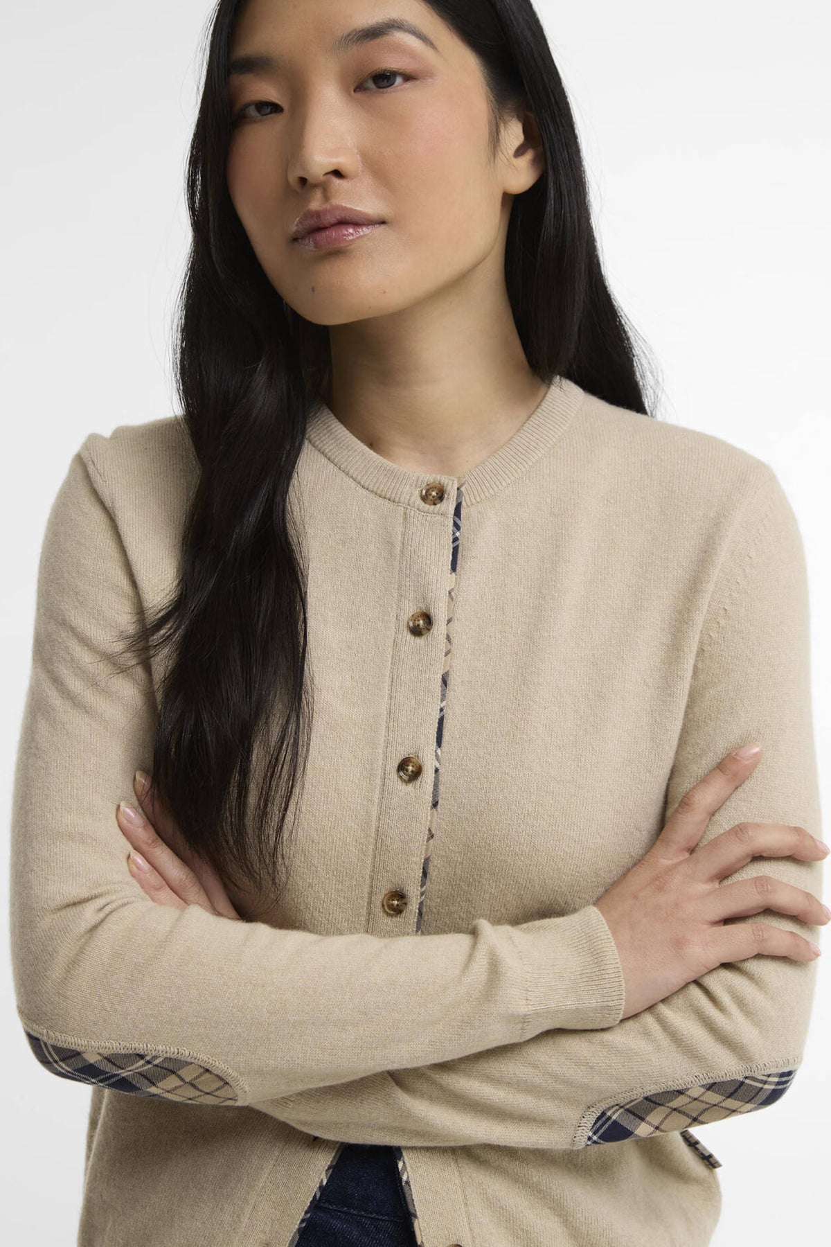Barbour Pendle Knitted Cardigan #Colour_Honey/Birchwood Tartan