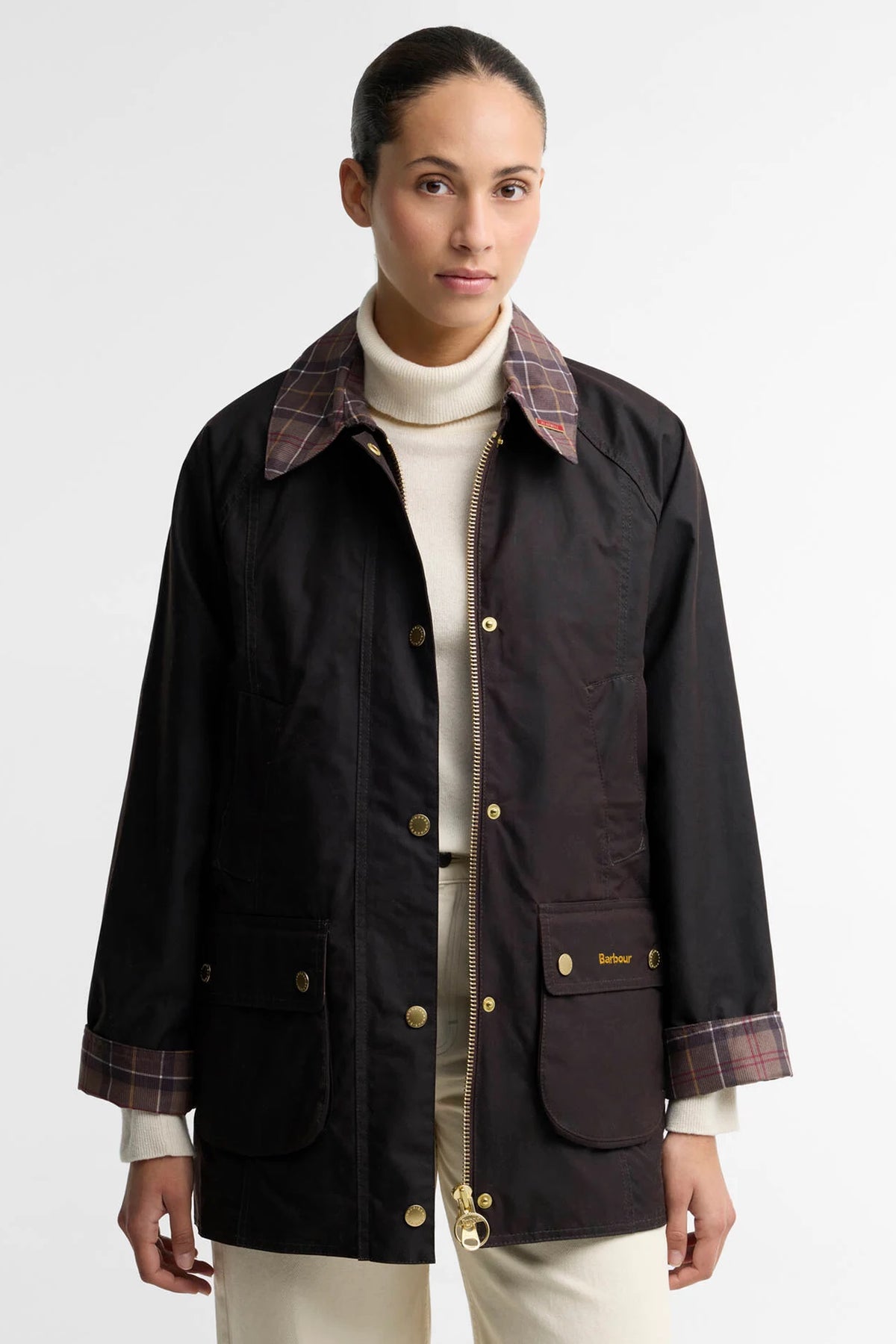 Barbour Icons Tartan Collar Modern Beadnell Wax Jacket #Colour_Rustic/Muted