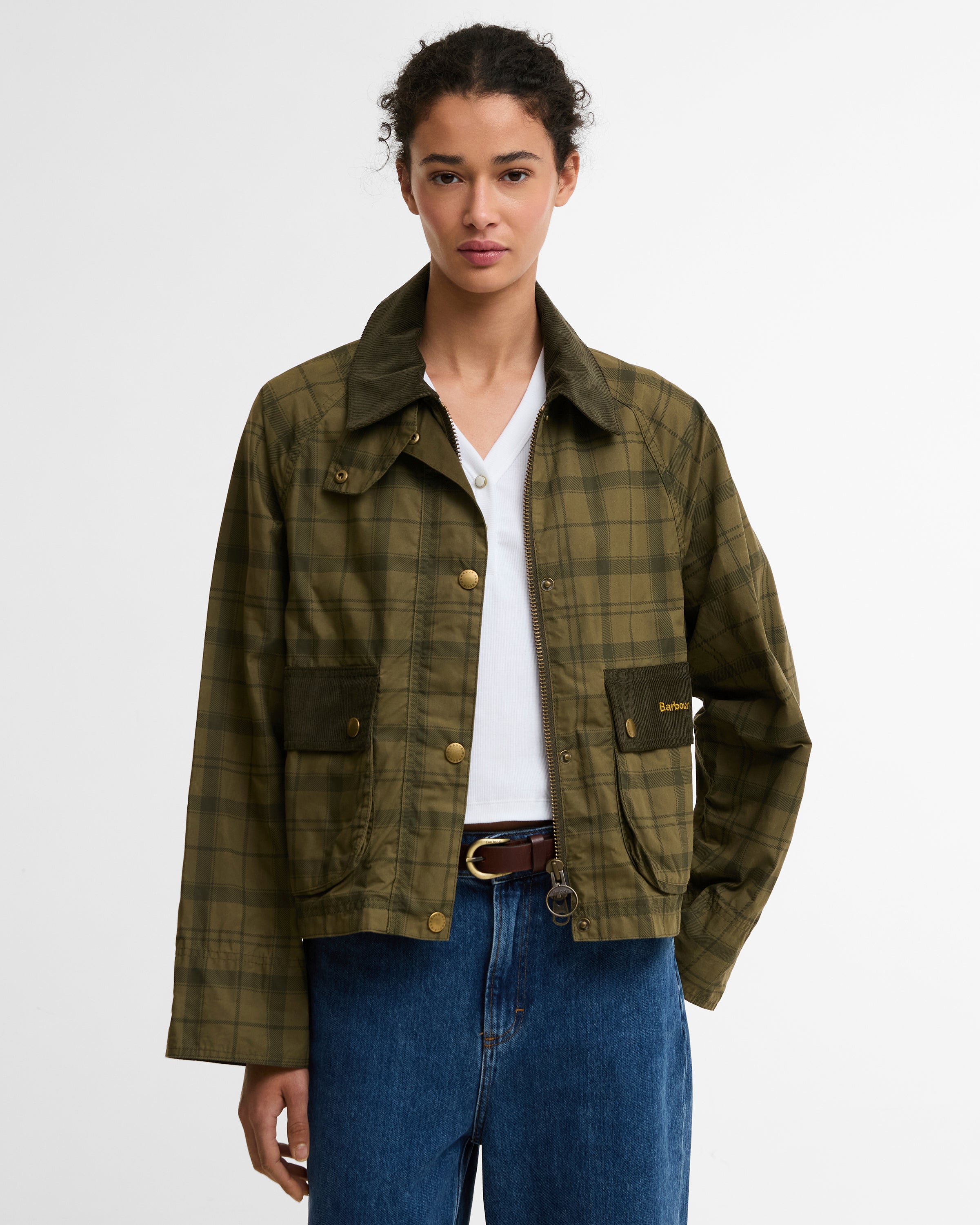 Barbour Dusky Green Tartan/Highland Tartan Cropped Beadnell Casual Jacket #Colour_Dusky Green Tartan/Highland