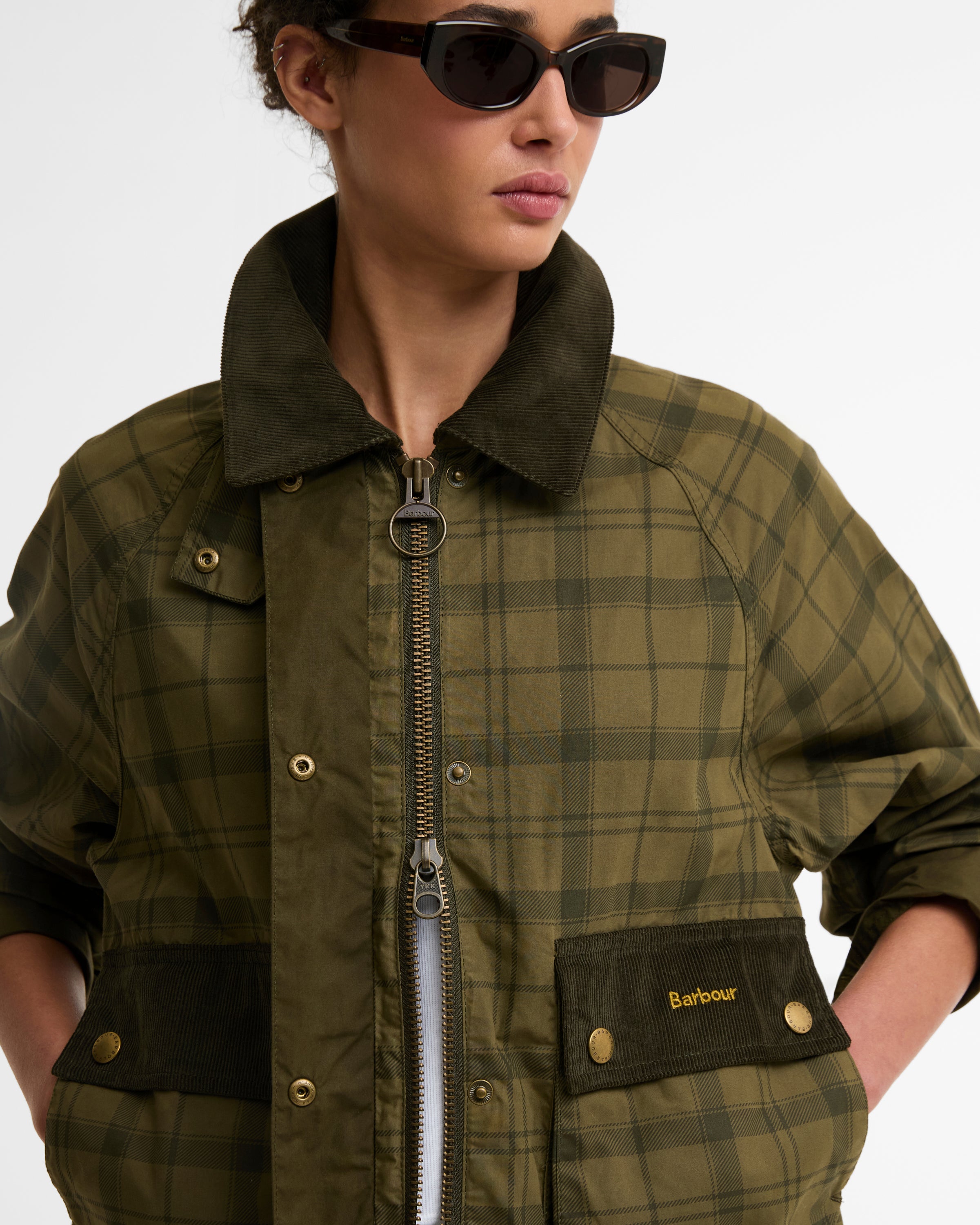 Barbour Dusky Green Tartan/Highland Tartan Cropped Beadnell Casual Jacket #Colour_Dusky Green Tartan/Highland