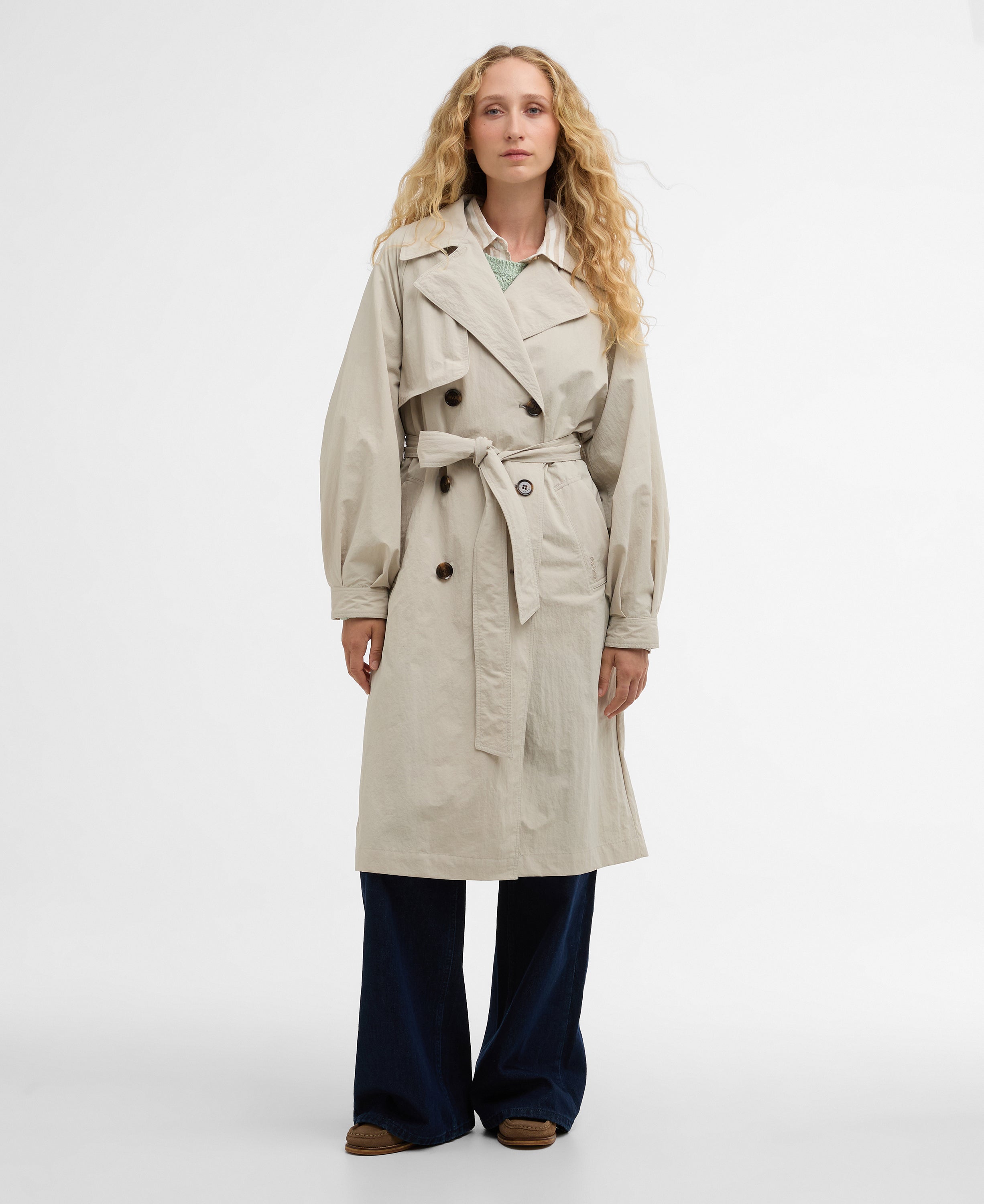 Barbour Mist/Dress Navy Tartan Layla Trench Showerproof Jacket #Colour_Mist/Dress Navy Tartan
