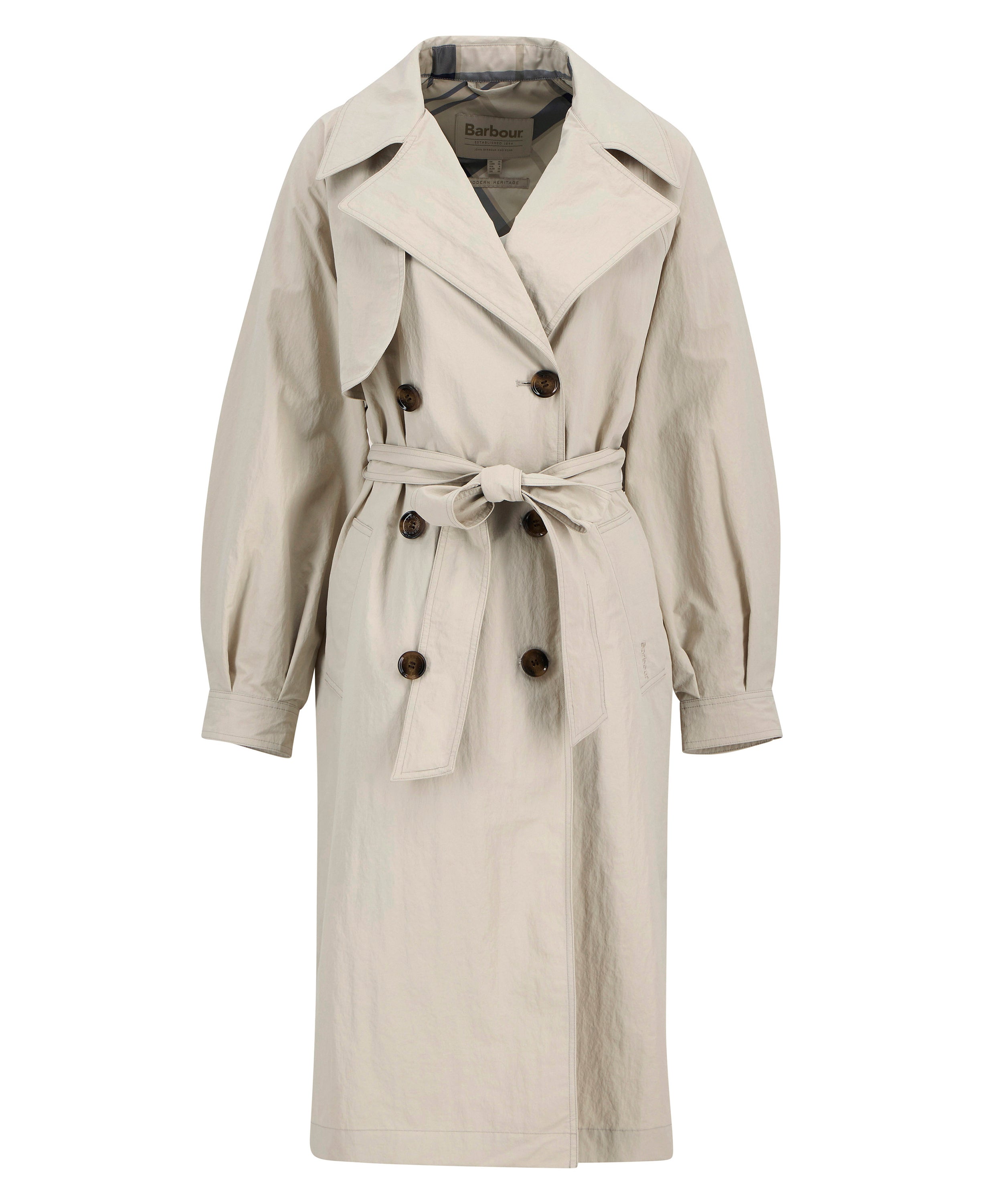 Barbour Mist/Dress Navy Tartan Layla Trench Showerproof Jacket #Colour_Mist/Dress Navy Tartan