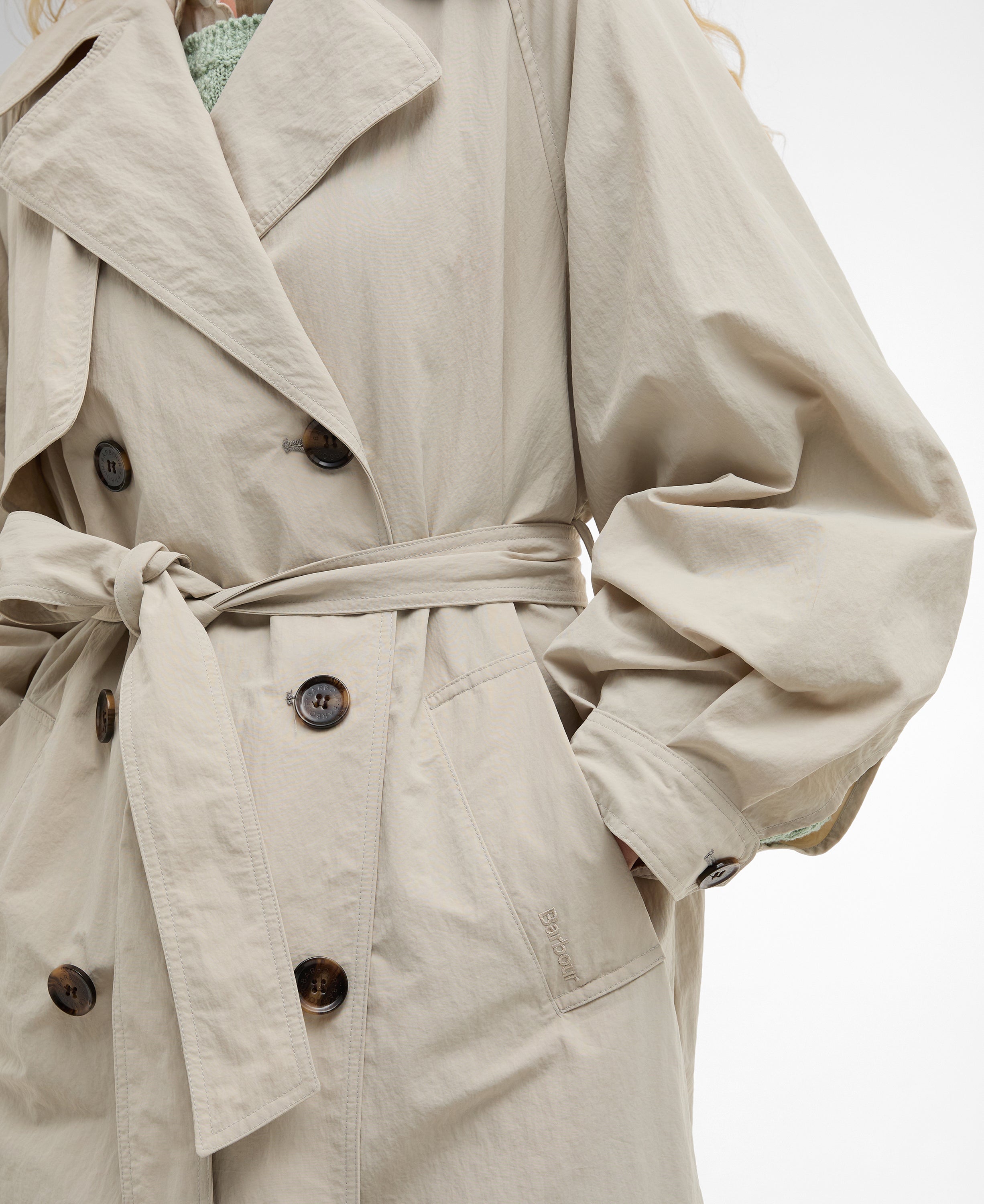 Barbour Mist/Dress Navy Tartan Layla Trench Showerproof Jacket #Colour_Mist/Dress Navy Tartan