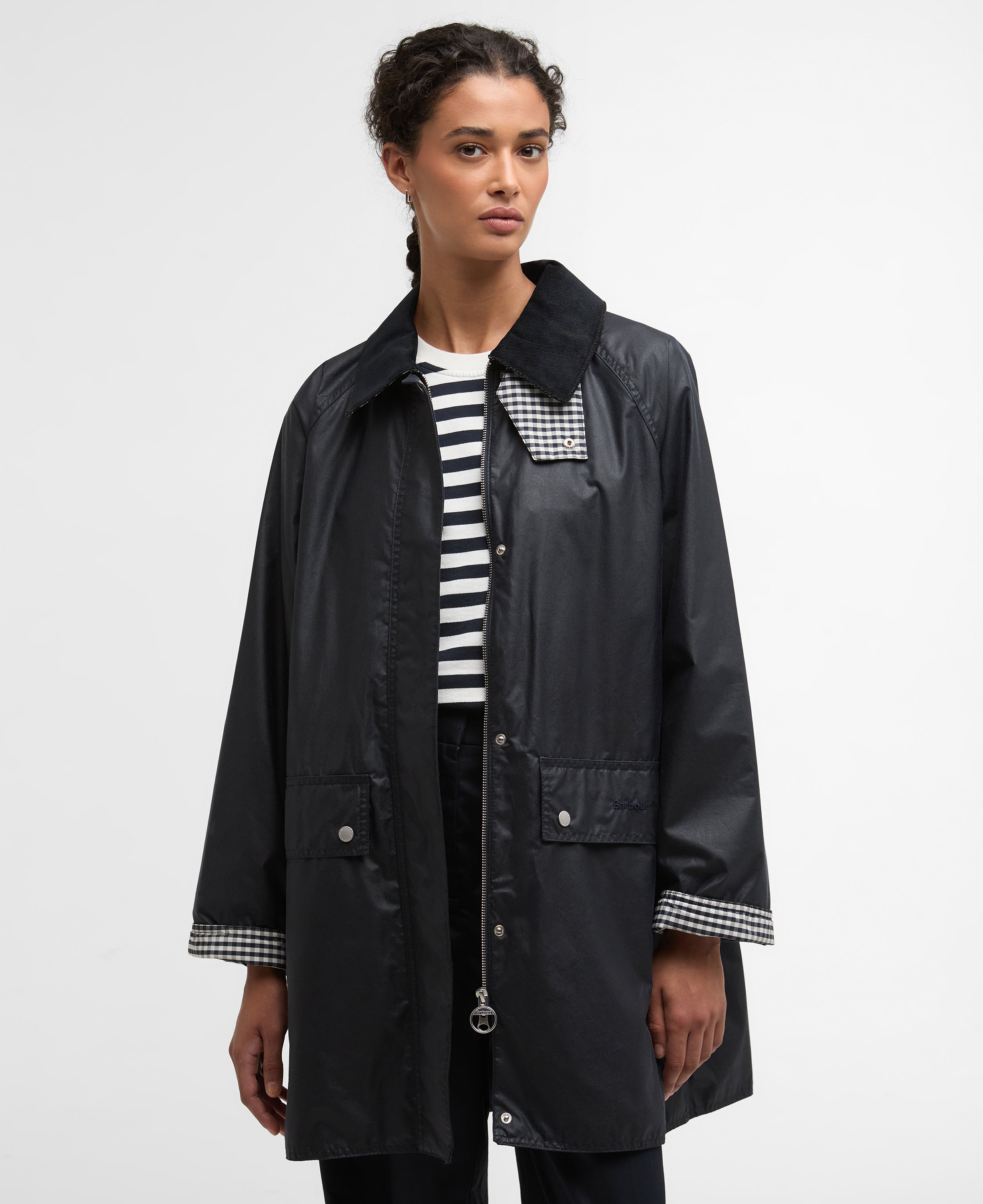Barbour Royal Navy/Navy Gingham Check Wren Wax Jacket #Colour_Royal Navy/Navy Gingham Check