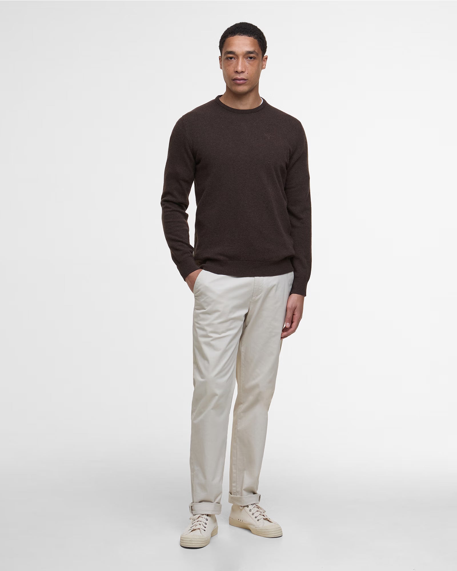 Barbour Essential Lambswool Crew Neck #Colour_Dark Oak
