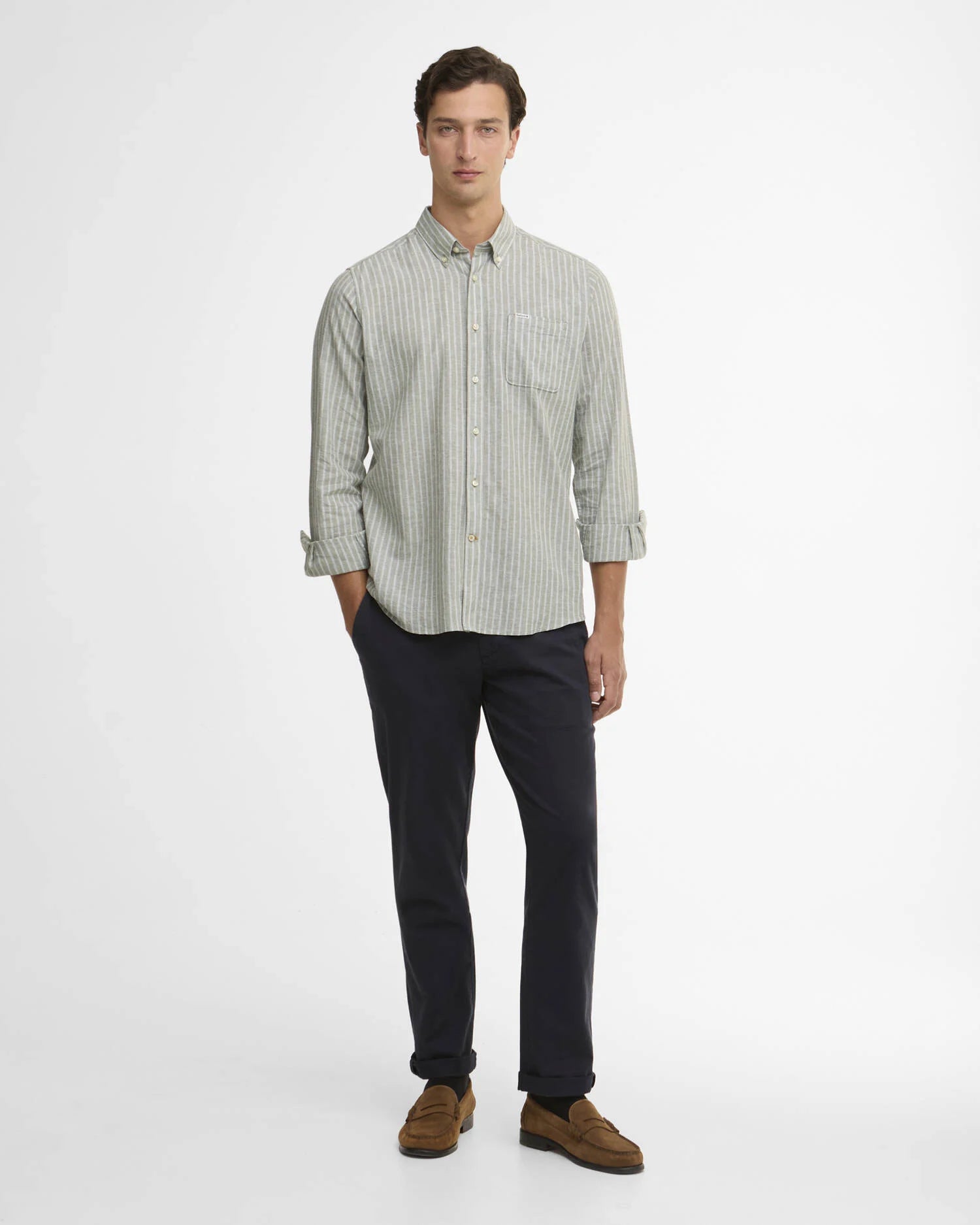 Barbour Bleached Olive Nelson Striped Summer Fit Shirt #Colour_Bleached Olive