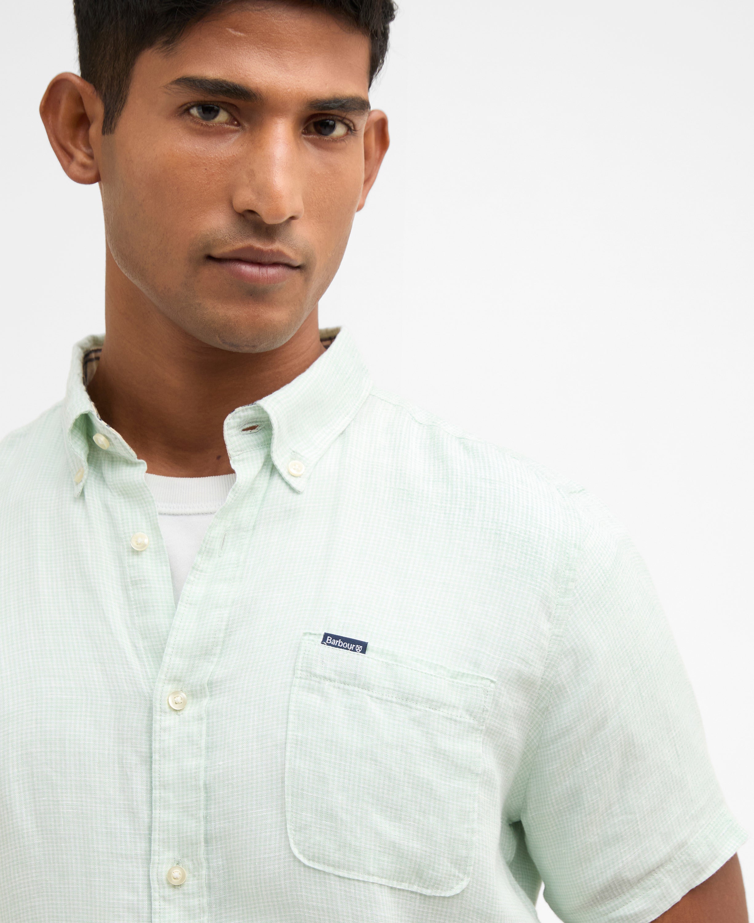 Barbour Mint Blue Linton Linen SS Tailored Shirt #Colour_Mint Blue