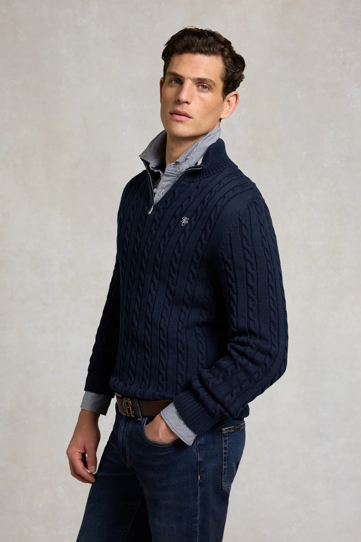 Holland Cooper Men's Cable Quarter Zip Knit #Colour_Ink Navy