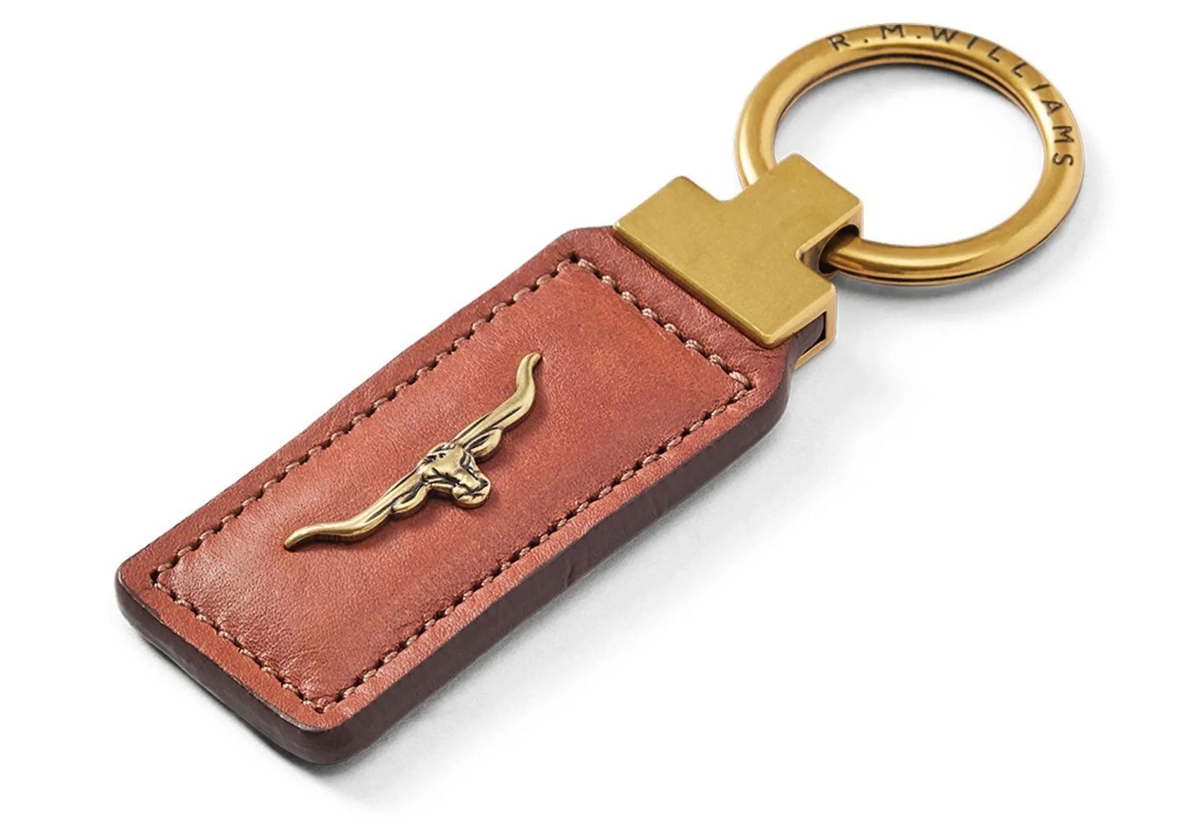 R.M. Williams Angaston Keyfob in tan leather with brass longhorn emblem and engraved keyring