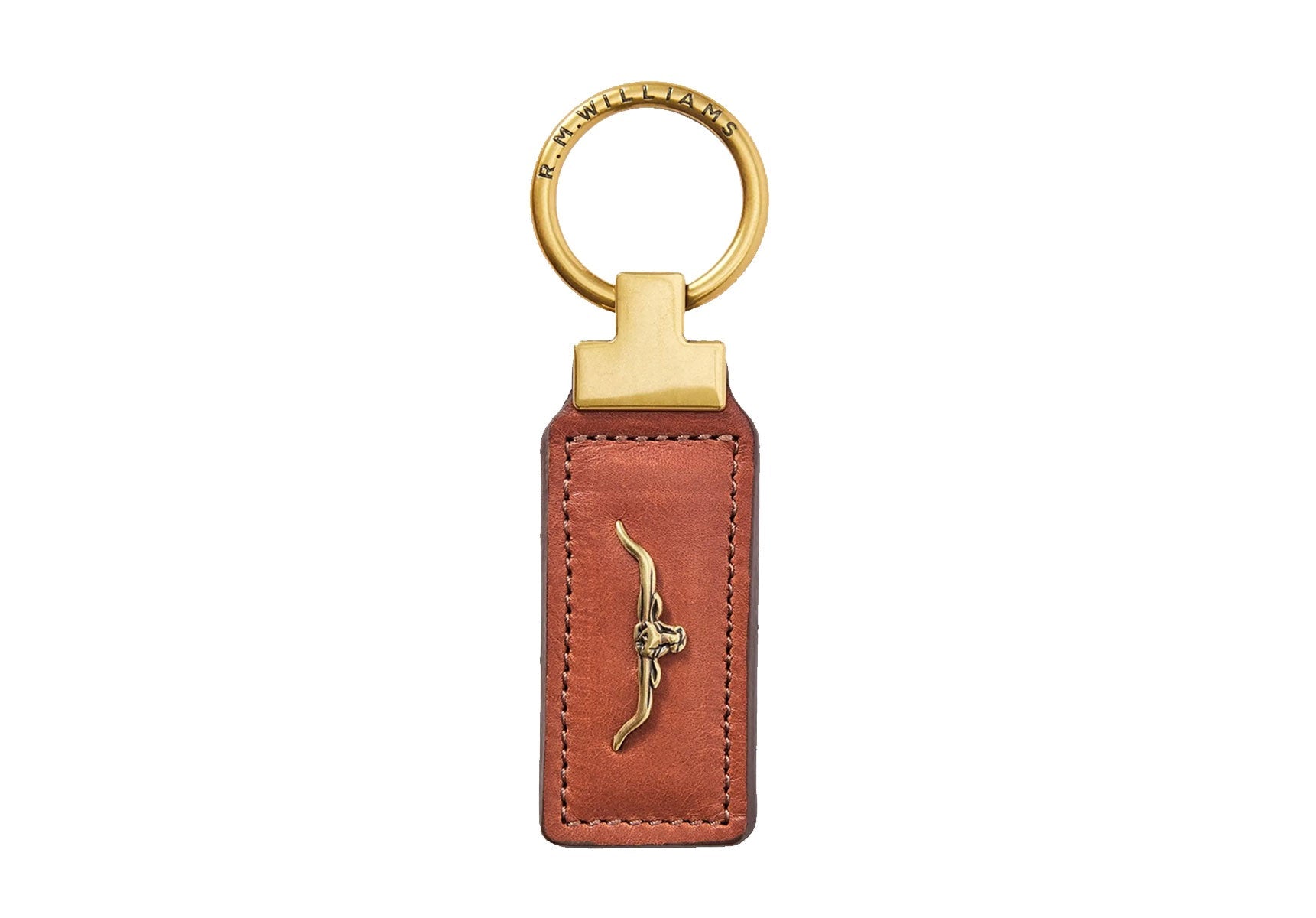 R.M. Williams Angaston Keyfob in tan leather with brass ring and longhorn emblem