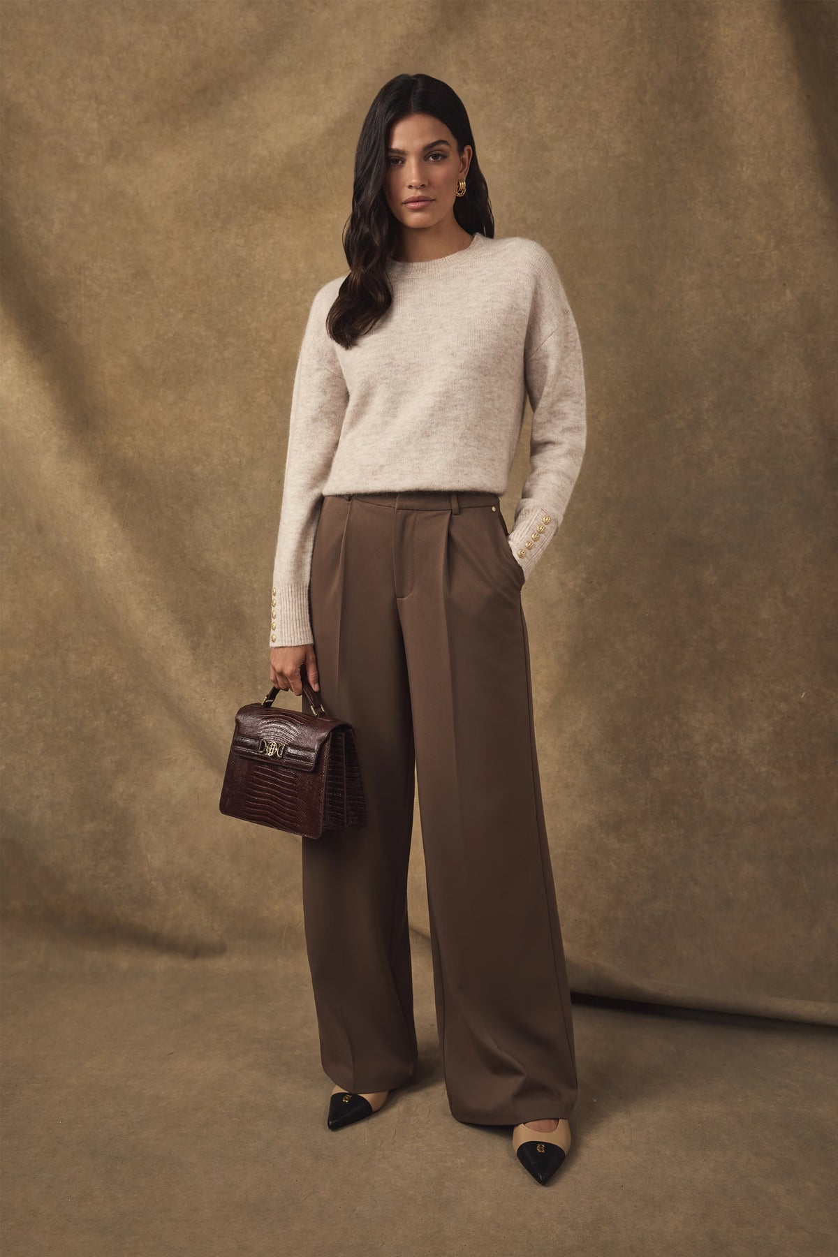 Holland Cooper Pleated Wide Leg Trouser #Colour_Mocha