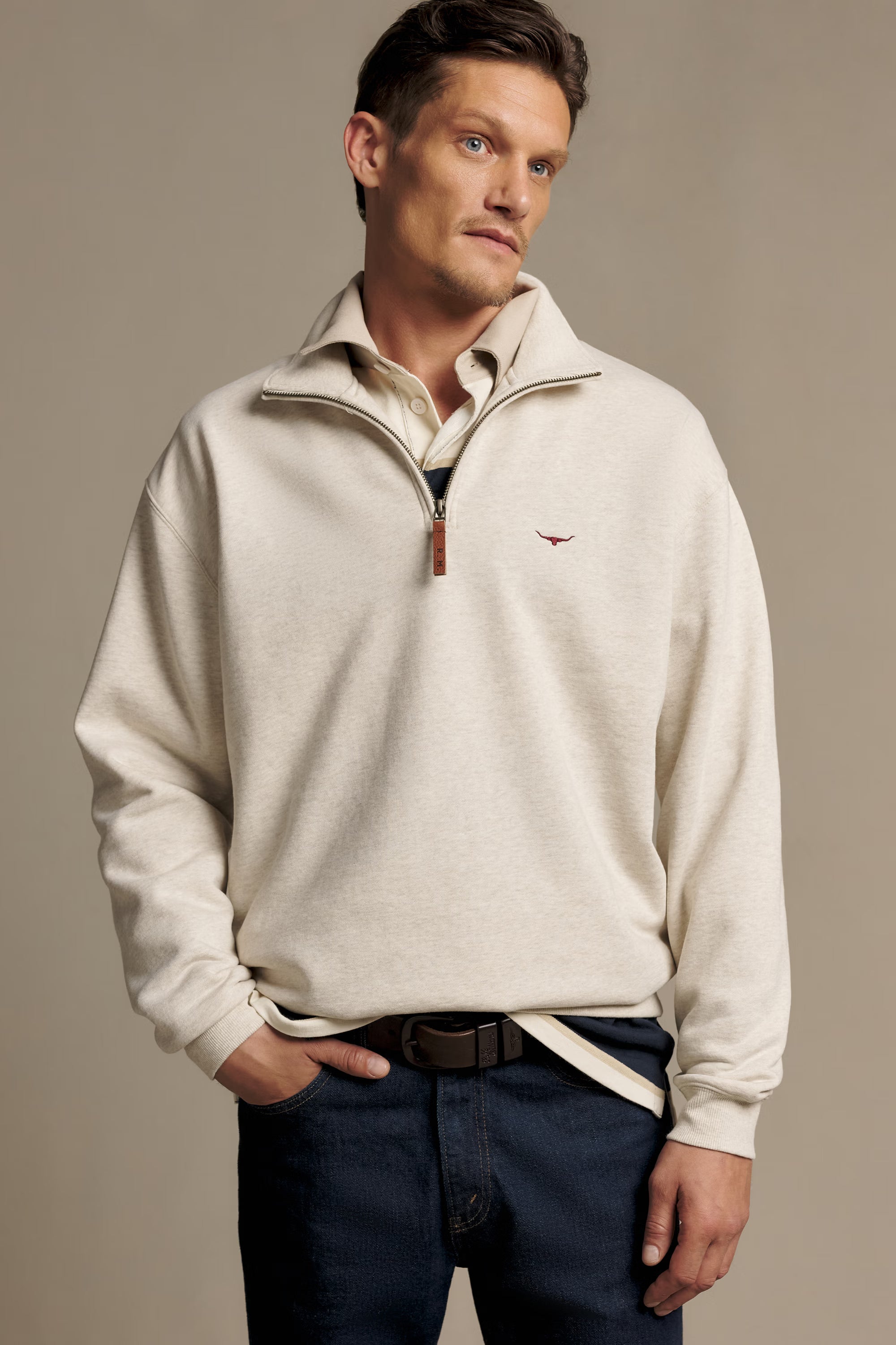 R.M. Williams Mulyungarie 1/4 Zip Sweatshirt #Colour_Ecru Marl