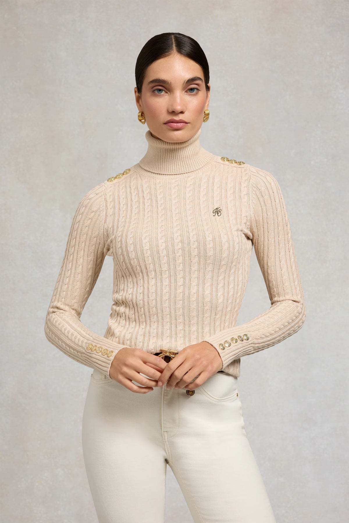 Holland Cooper Seattle Roll Neck Cable Knit #Colour_Oatmeal