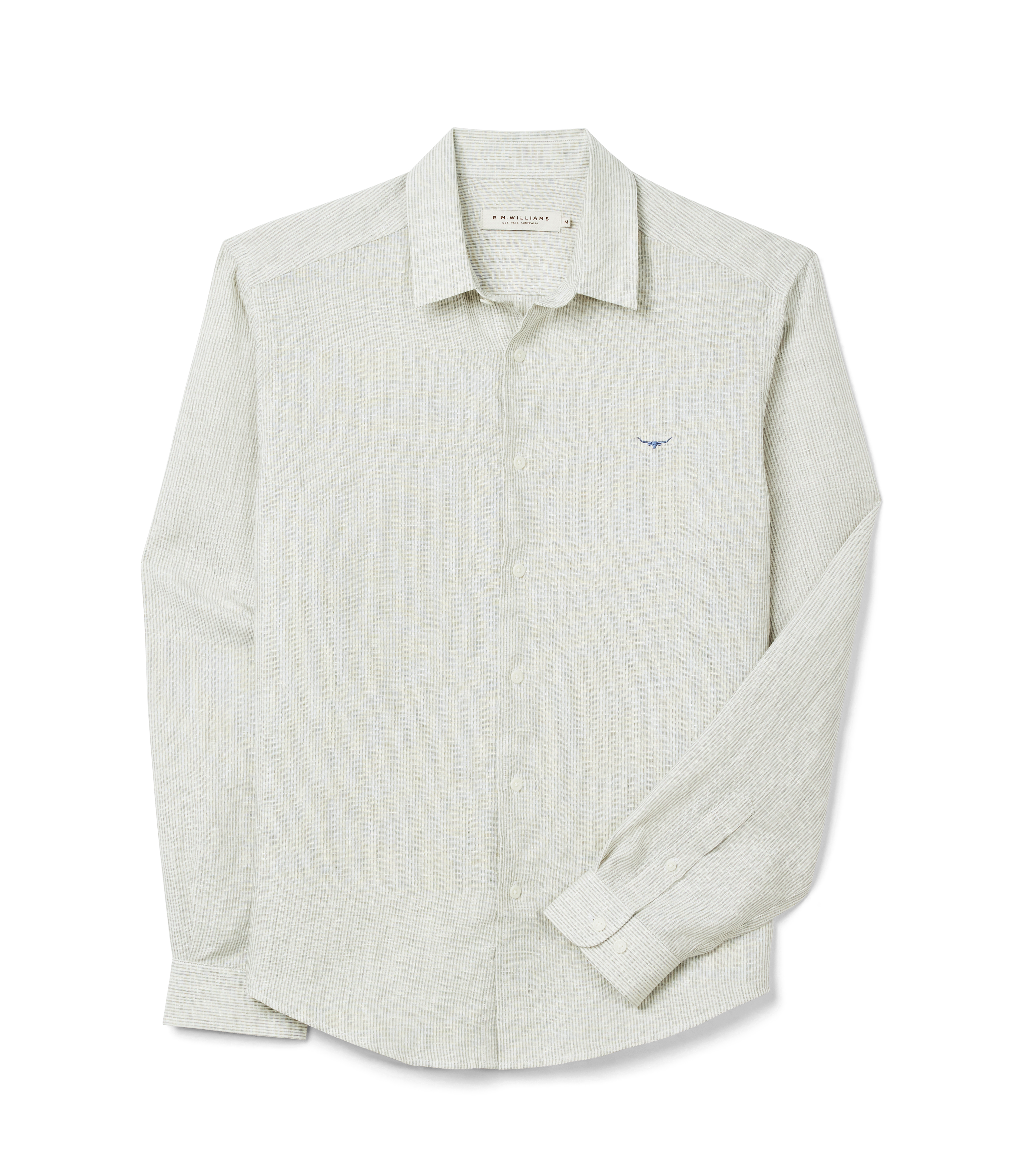 R.M. Williams White & Green Stripe Stephens Regular Linen Shirt #Colour_White & Green Stripe