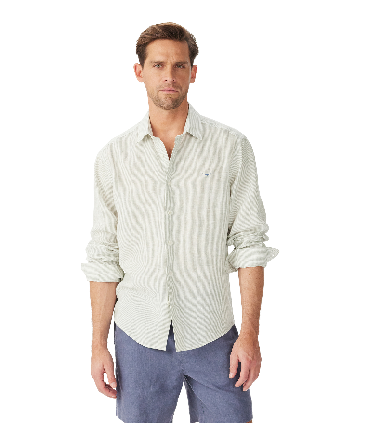 R.M. Williams White & Green Stripe Stephens Regular Linen Shirt #Colour_White & Green Stripe