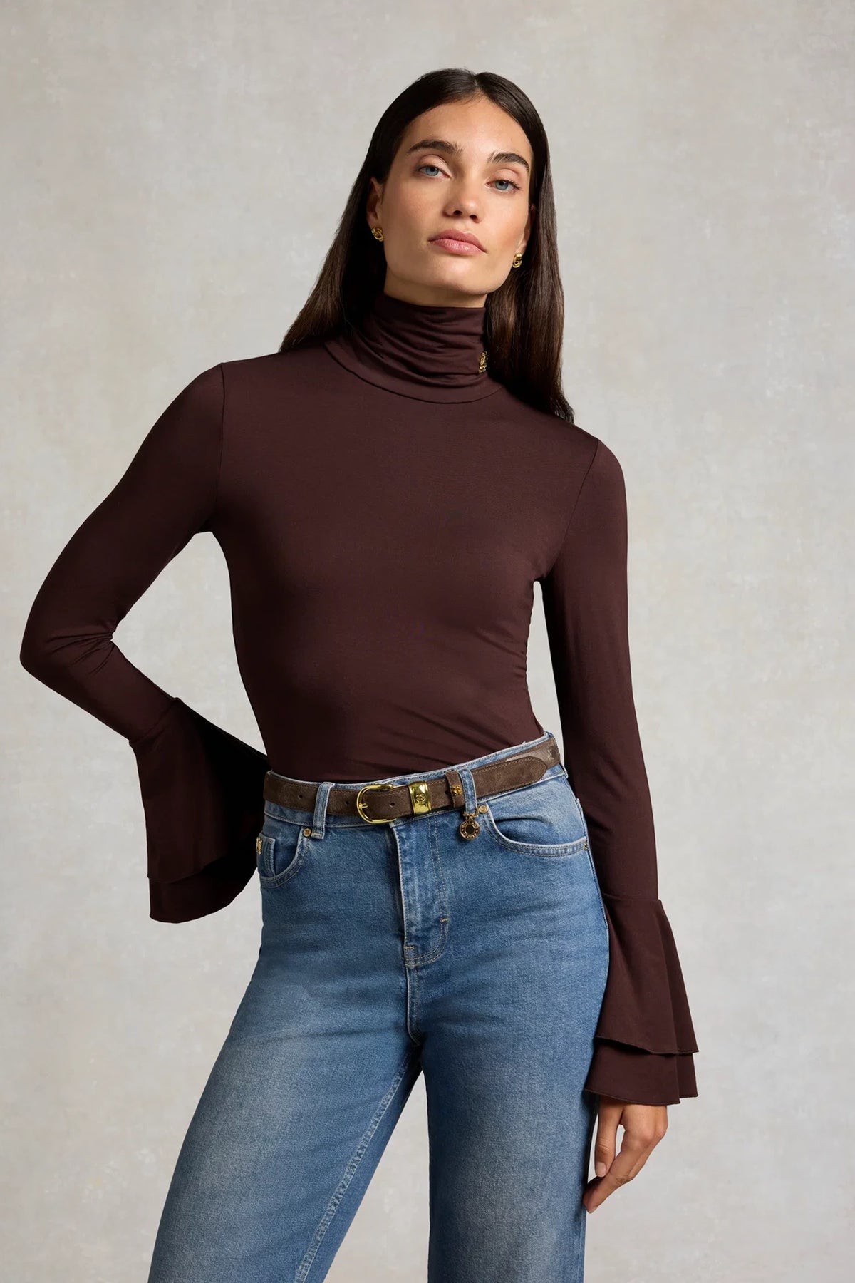 Holland Cooper Supersoft Fluted Roll Neck Top #Colour_Walnut