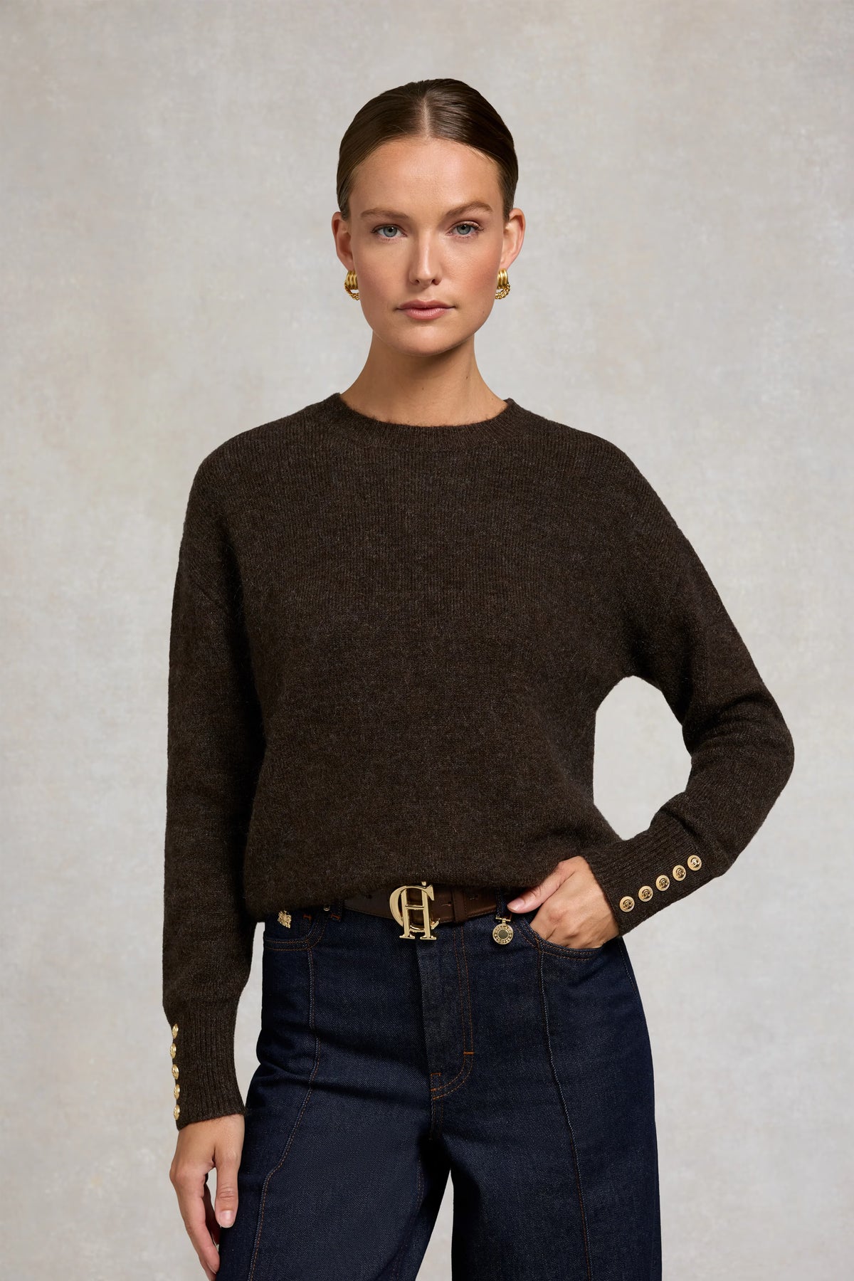 Holland Cooper Tori Crew Neck Knit #Colour_Chocolate