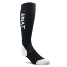Black Ariat knee-high performance socks with white logo lettering, reinforced white heel and toe sections